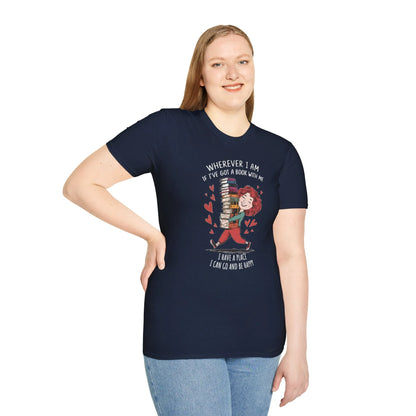 Bookish Escape T-Shirt featuring cheerful reader with colorful books, relaxed fit unisex shirt, perfect gift for bibliophiles 📖.