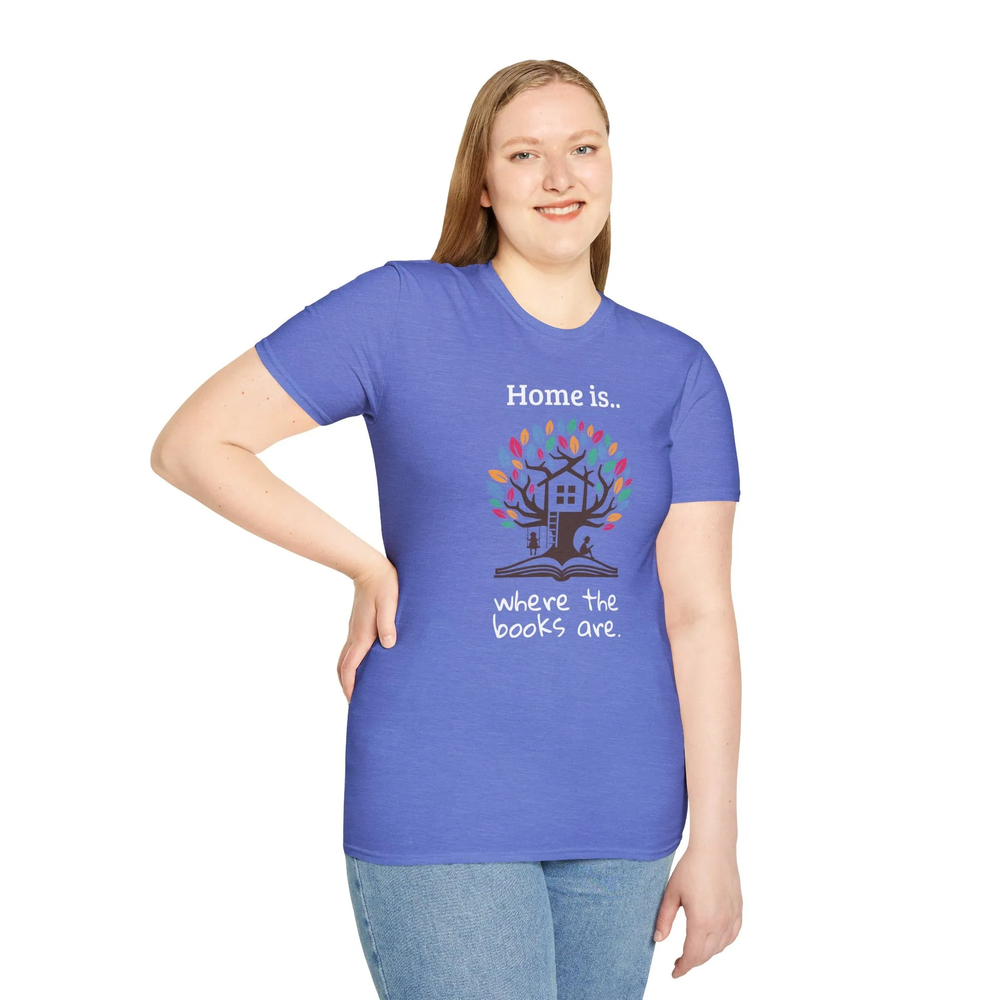 Home of Books T-Shirt in soft blue, featuring a treehouse design, ideal for book lovers and cozy reading outfits. 📖