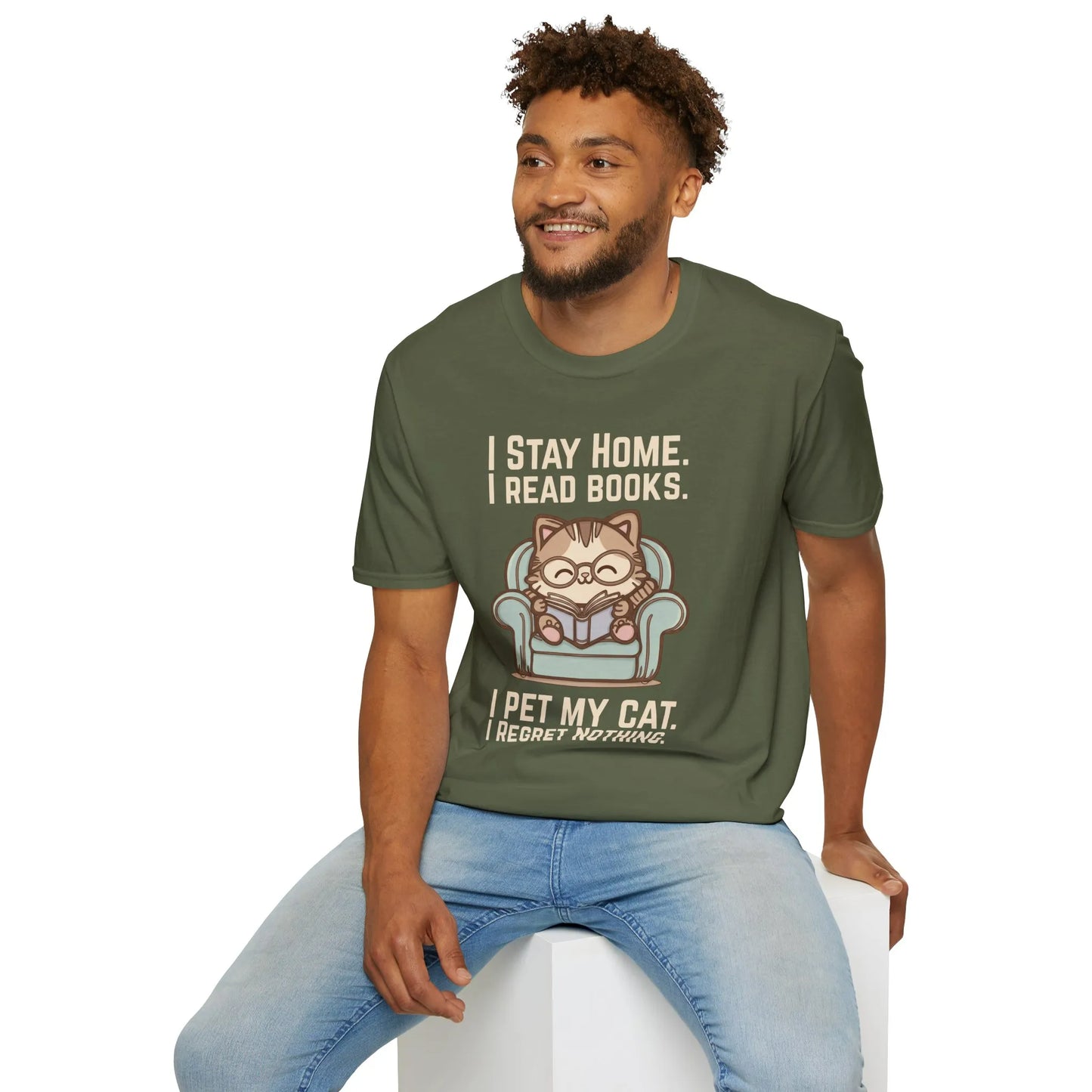 Comfy Cat Reader T-Shirt featuring a cute cat with glasses, cozy text saying 'I Stay Home. I Read Books. I Pet My Cat.' Perfect gift for book lovers.