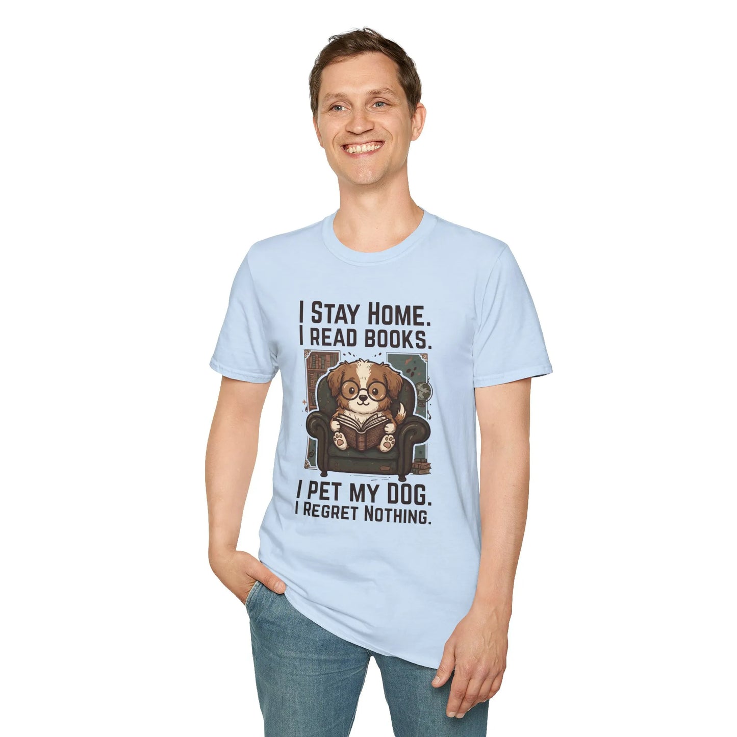 Library Dog Reader T-Shirt featuring a cute dog reading on a light blue t-shirt for book lovers and dog enthusiasts.