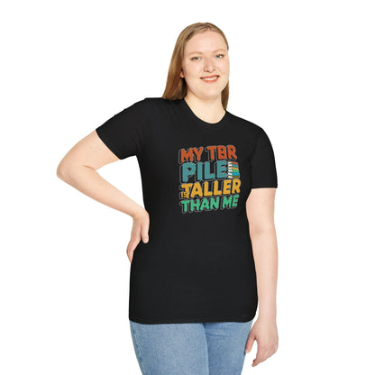 TBR Pile T-Shirt featuring stacked colorful text, relaxed fit unisex design for book lovers, cozy reader aesthetic tee 📖.