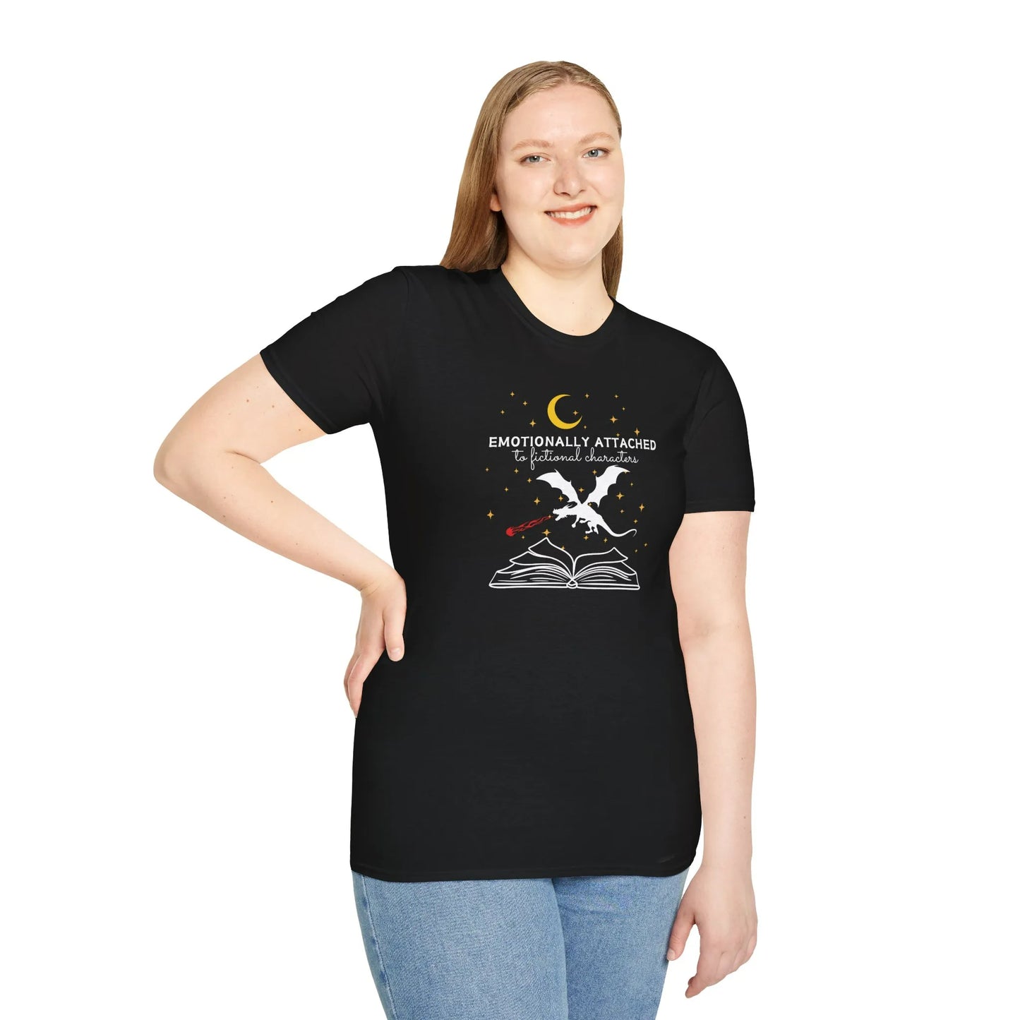 Fictional Characters T-Shirt featuring a magical dragon rising from a book, perfect cozy reading outfit for book lovers 📖.