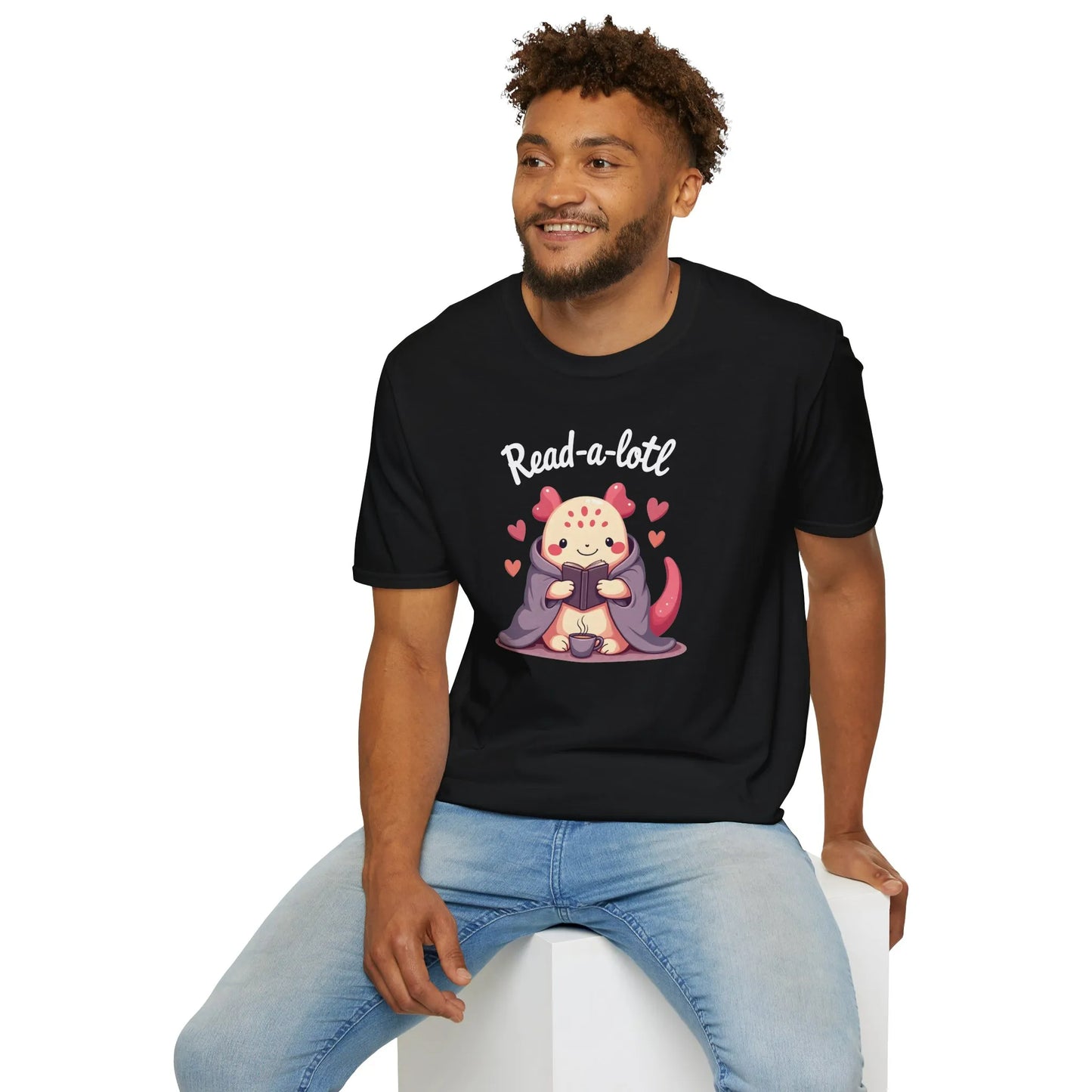 Relaxed fit Read-a-lotl T-Shirt for book lovers, featuring a cute axolotl reading with hearts. Perfect gift for introverts! 📖