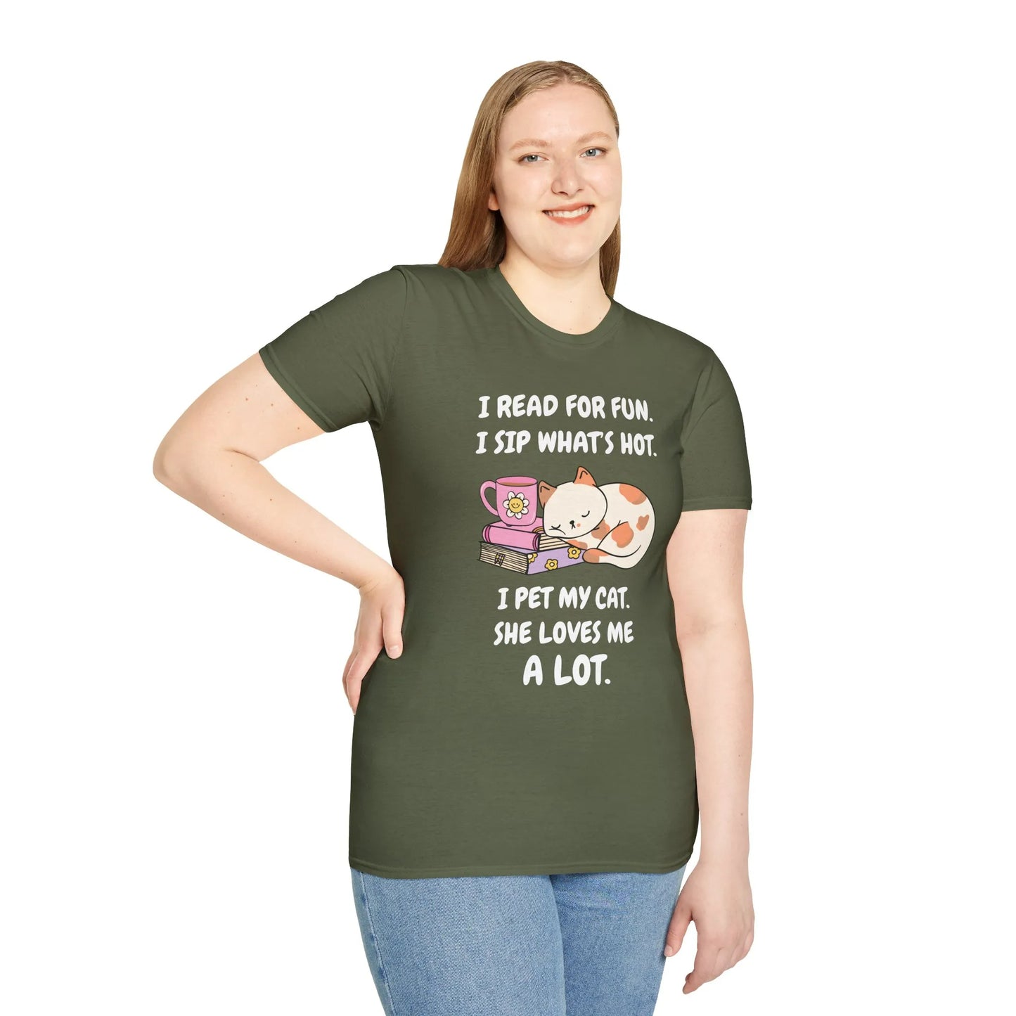 Funny bookworm t-shirt featuring a cute cat, a drink, and playful text perfect for cozy readers and cat lovers.