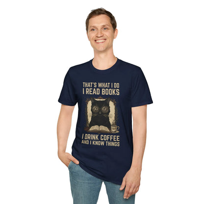Man wearing a Coffee Cat Reader T-Shirt with a witty cat illustration that says: I read books, I drink coffee, and I know things.