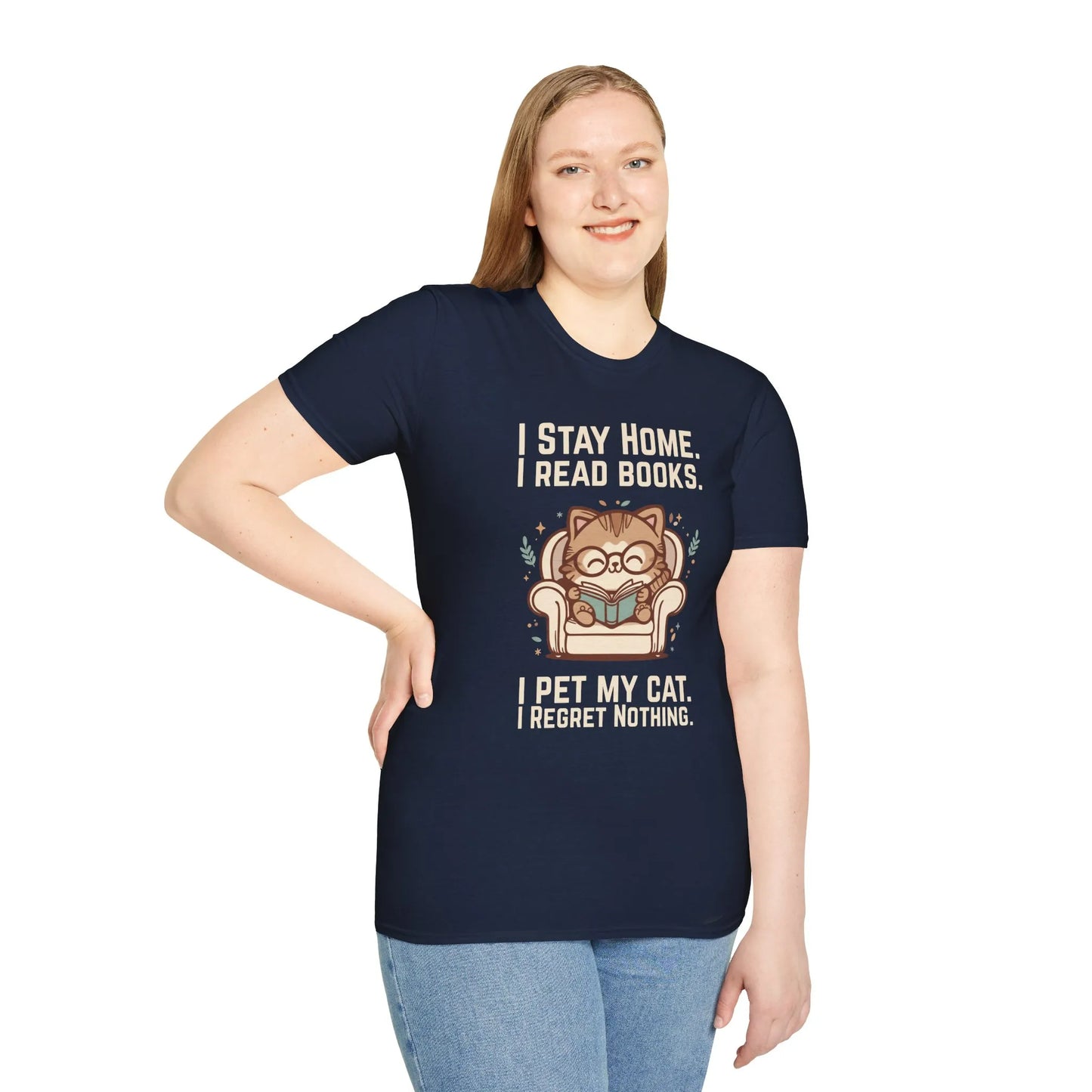 Homebody Cat Reader T-Shirt featuring a cute cat with glasses, reading and text: 'I stay home, I read books, I pet my cat, I regret nothing'.