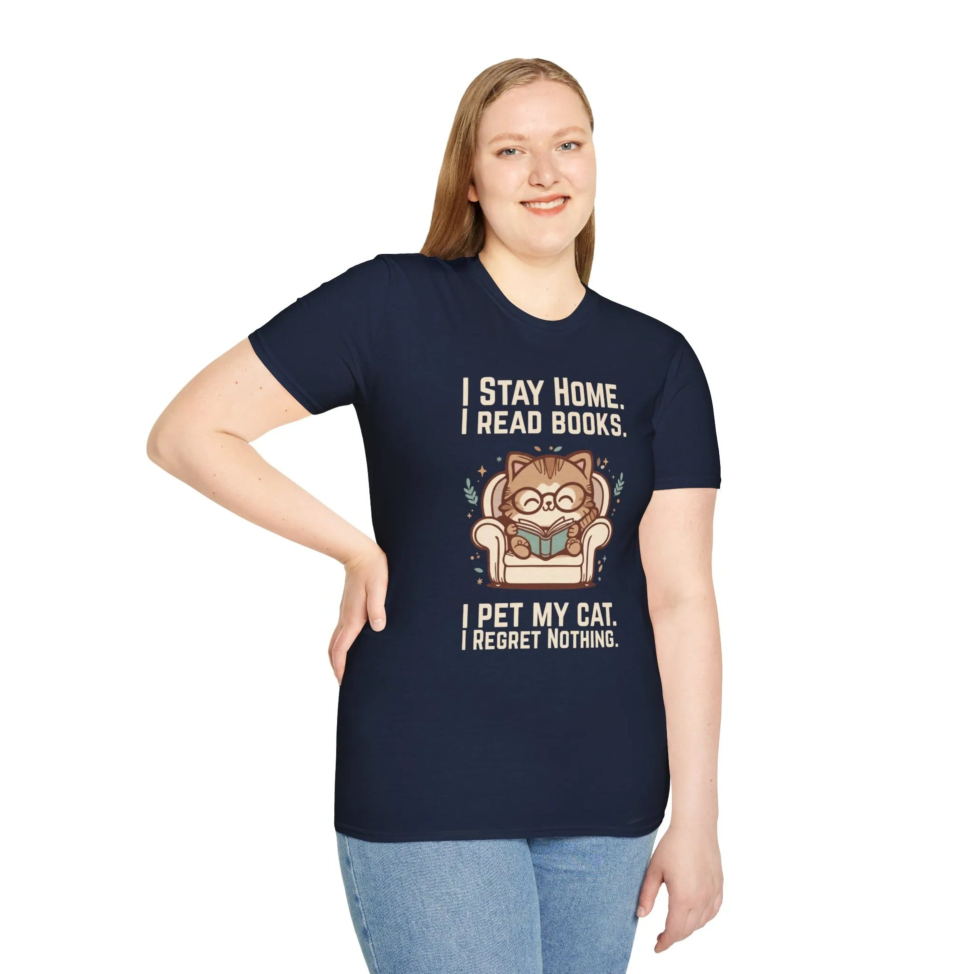Homebody Cat Reader T-Shirt featuring a cute cat with glasses, reading and text: 'I stay home, I read books, I pet my cat, I regret nothing'.