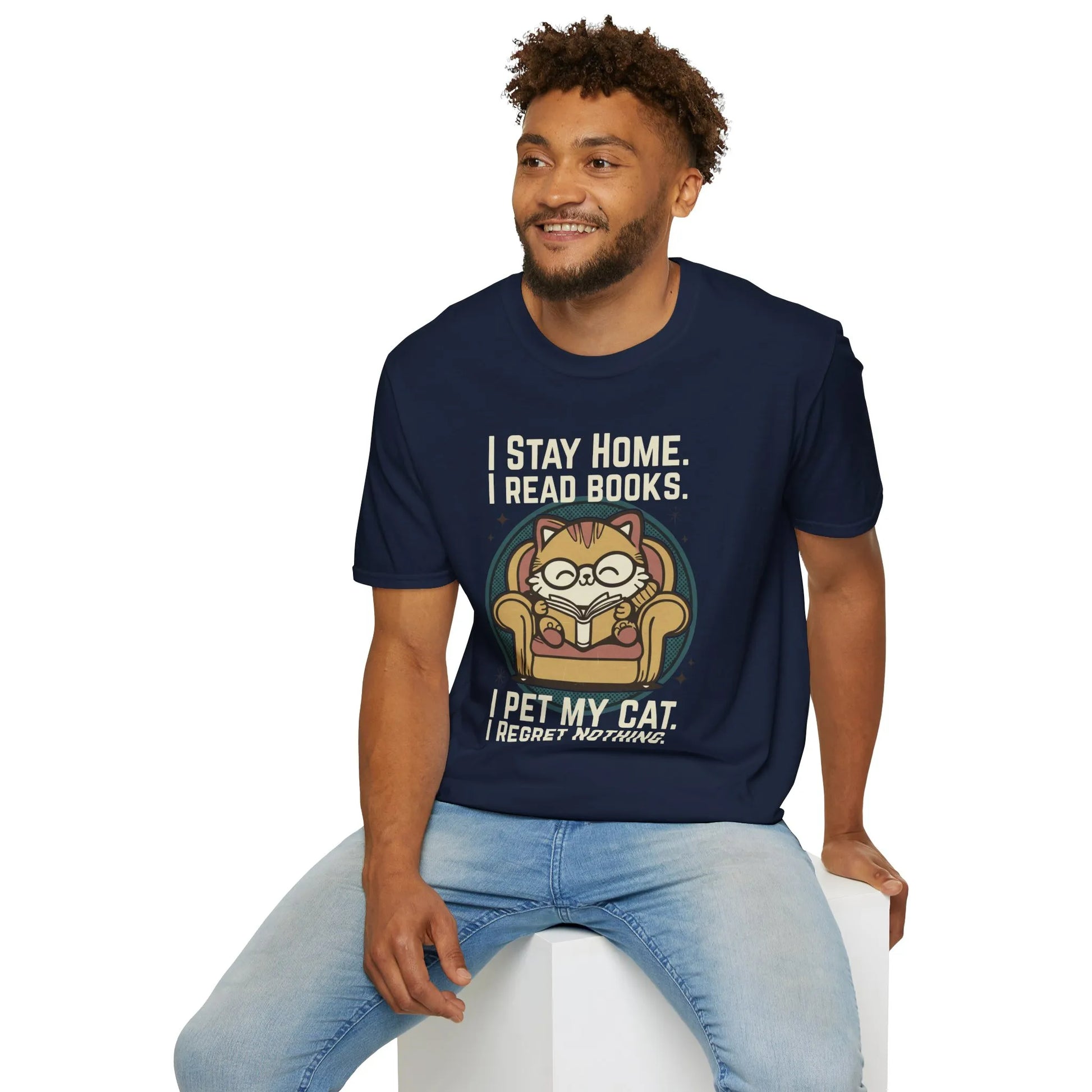 Retro Cat Reader T-Shirt with a cozy cat illustration, reading in an armchair, perfect for book lovers and funny reading tee fans.