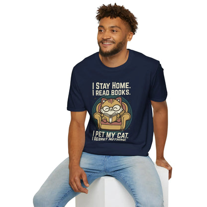 Retro Cat Reader T-Shirt with a cozy cat illustration, reading in an armchair, perfect for book lovers and funny reading tee fans.