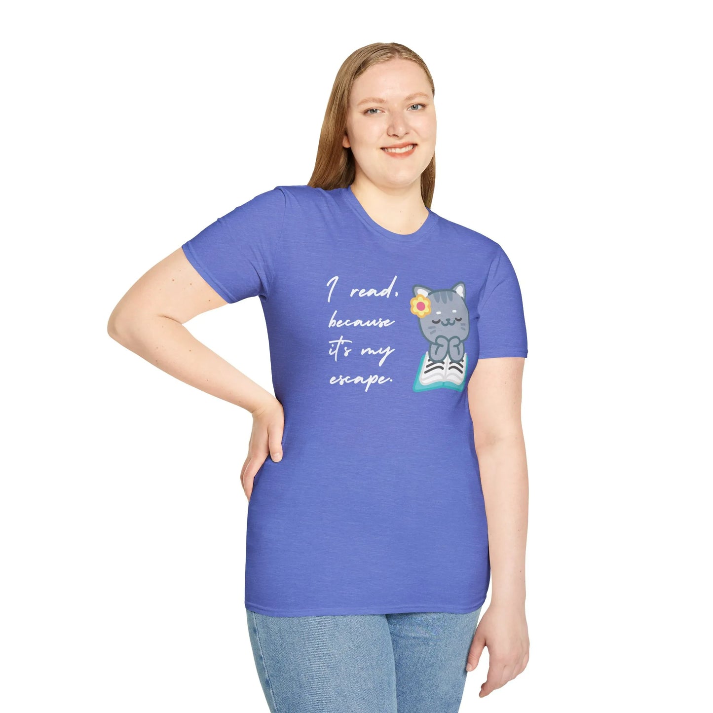 Escape into Books T-Shirt, relaxed fit unisex book lover tee, features cute cat and open book design, gift for readers 📖.