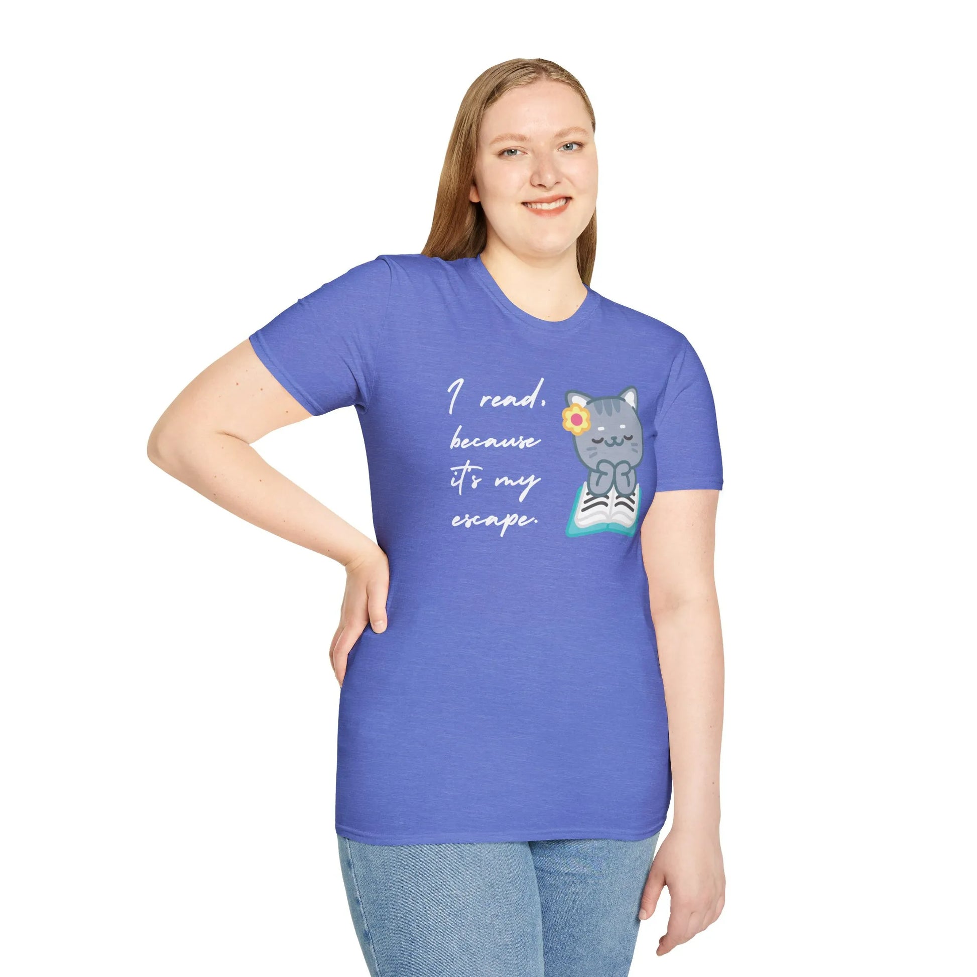 Escape into Books T-Shirt, relaxed fit unisex book lover tee, features cute cat and open book design, gift for readers 📖.