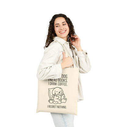 Dog, Books & Coffee Tote Bag featuring a charming line-art illustration of a dog, coffee cup, and witty text.