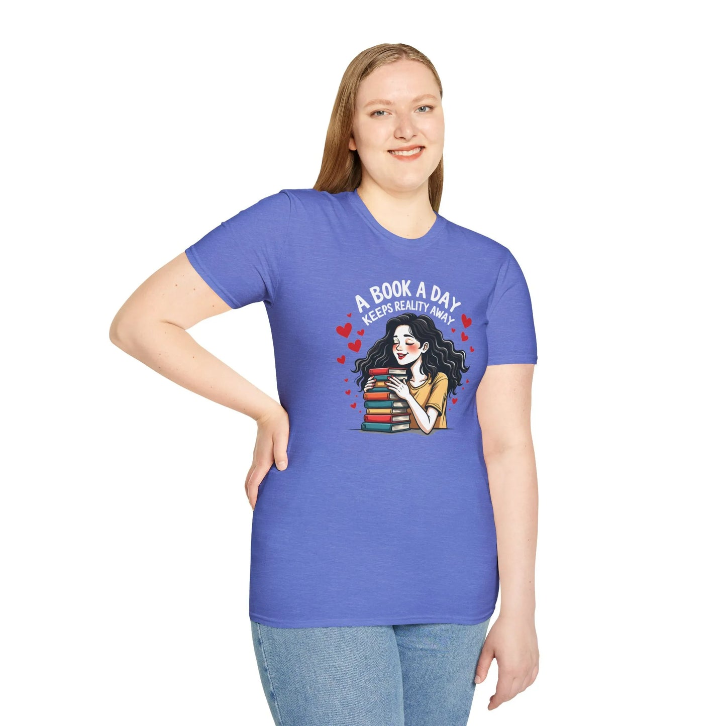 Bookish Romance T-Shirt featuring a woman with books, cozy blue relaxed fit tee for readers and introverts, gift for book lovers 📖.