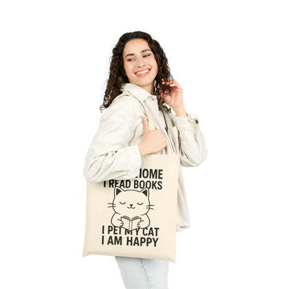 Happy Cat Reader Tote Bag showcasing a cute cat reading with text: 'At Home I Read Books, I Pet My Cat, I Am Happy.' Perfect for book lovers!