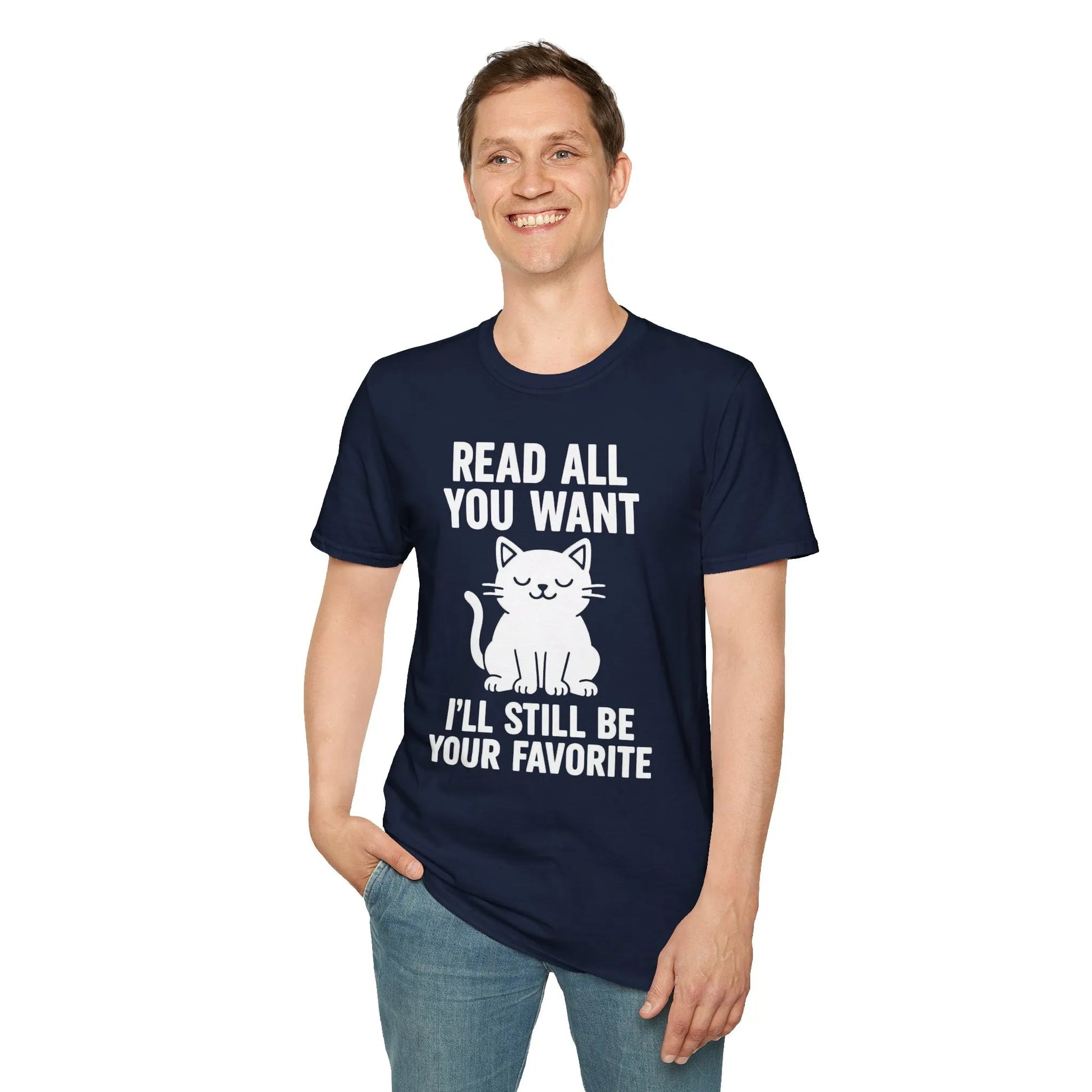 Funny cat-themed t-shirt featuring a cute cat illustration and text: 'Read All You Want, I'll Still Be Your Favorite.'