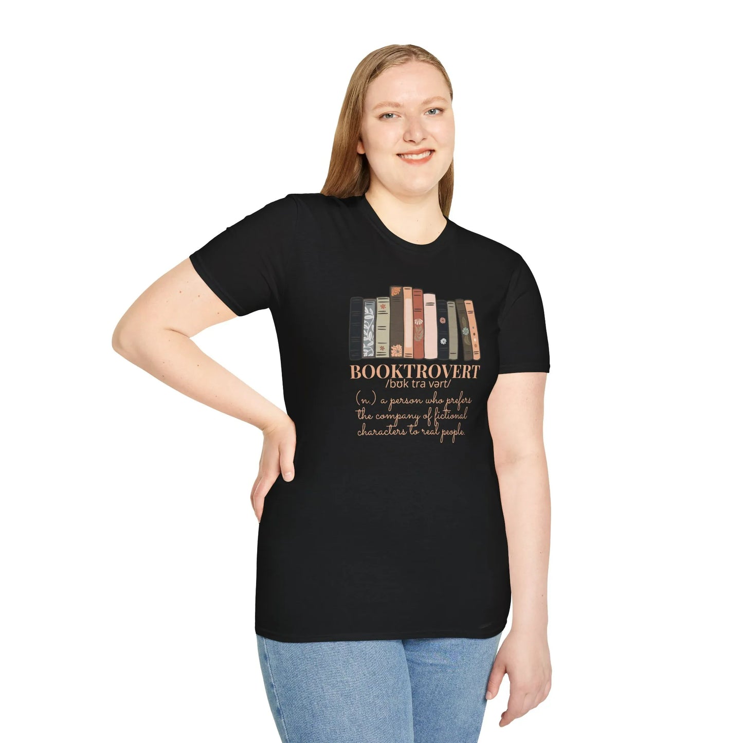 Booktrovert T-Shirt featuring cozy bookshelf design, relaxed fit unisex, perfect gift for readers and introverts 📖