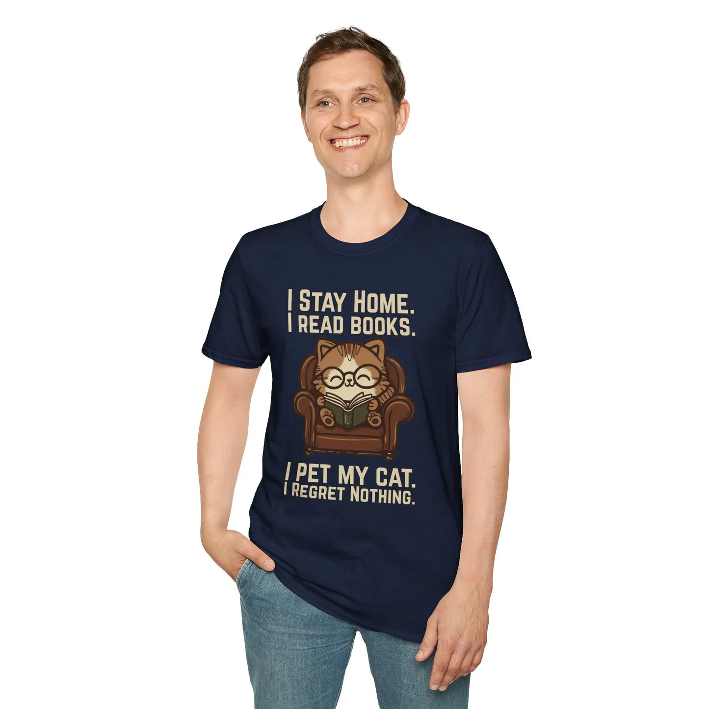 Armchair Cat Reader T-Shirt featuring a cat in glasses on an armchair, text about reading and pets, perfect gift for book lovers.