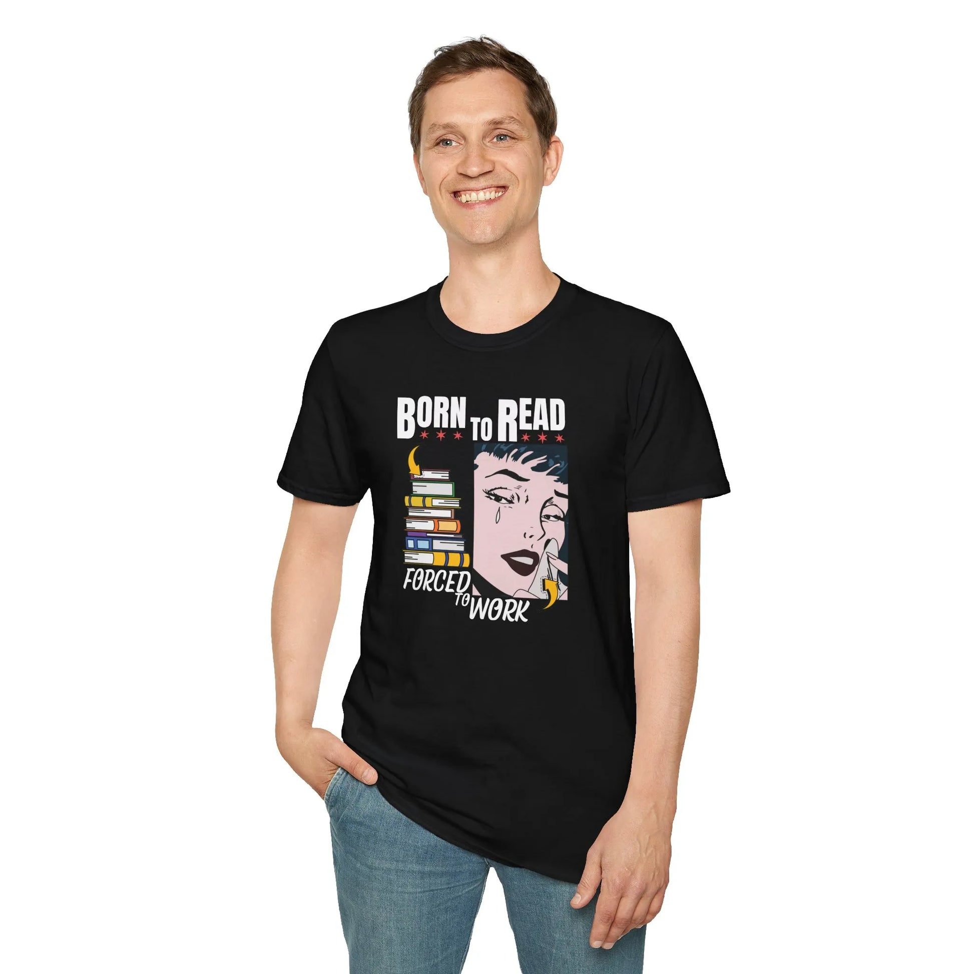 A man wearing the Forced to Work T-Shirt, a cozy, organic cotton unisex tee with a bookish design, perfect for readers 📖.
