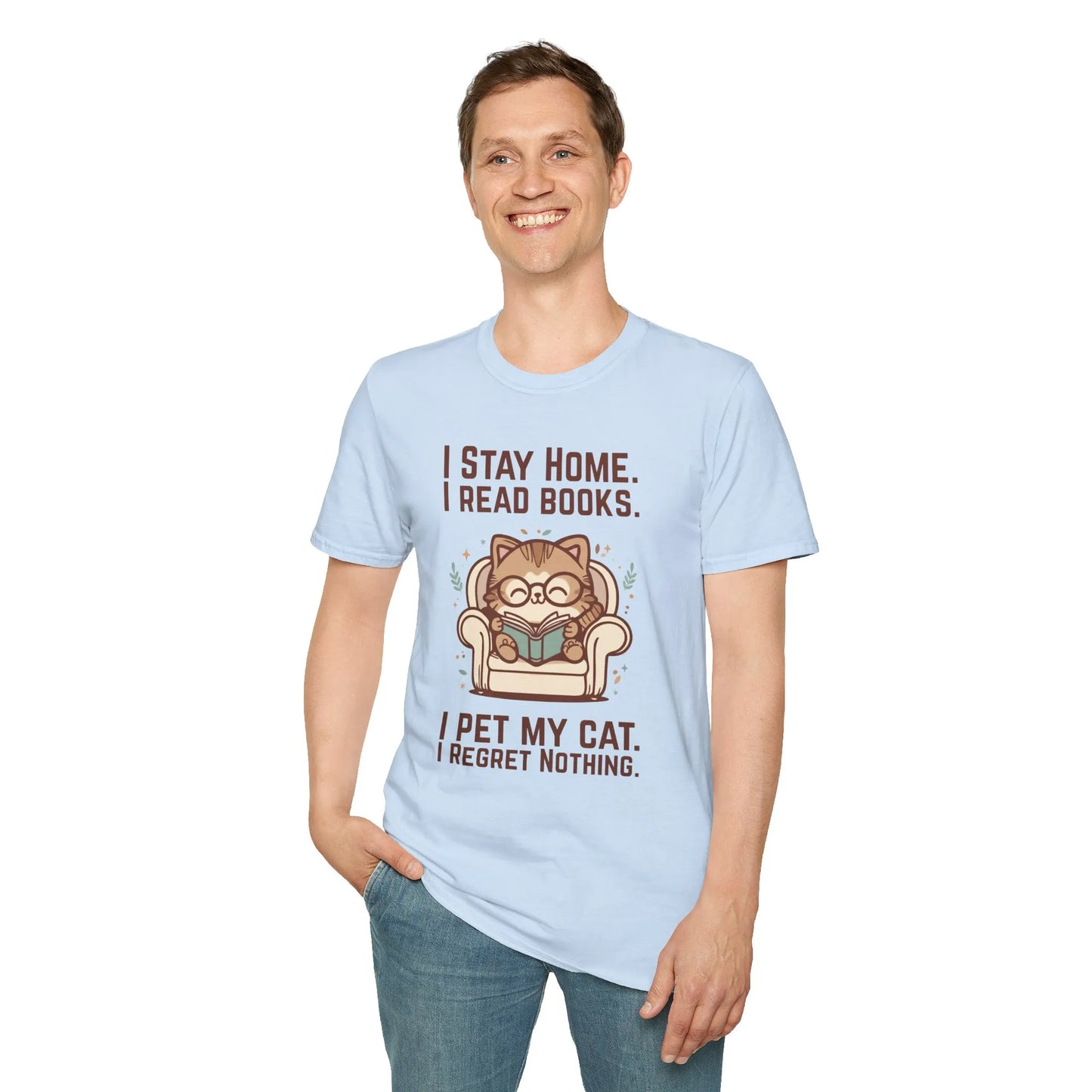 Homebody Cat Reader T-Shirt featuring a cat in glasses with text about reading and pets, perfect for book lovers and cozy nights.