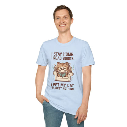 Homebody Cat Reader T-Shirt featuring a cat in glasses with text about reading and pets, perfect for book lovers and cozy nights.