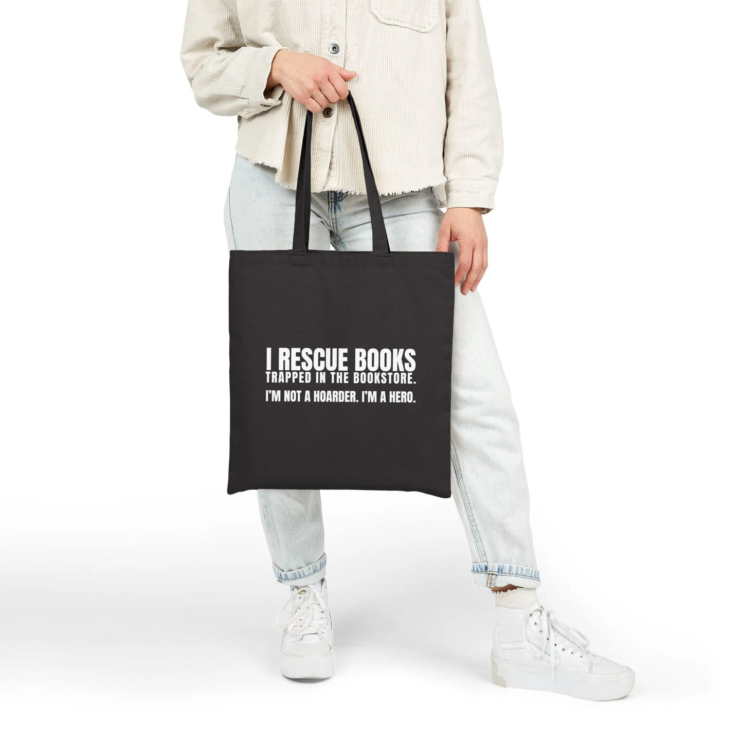 I Rescue Books Tote Bag featuring bold white text, perfect for book lovers and gifts for readers who enjoy books, cats, and coffee.