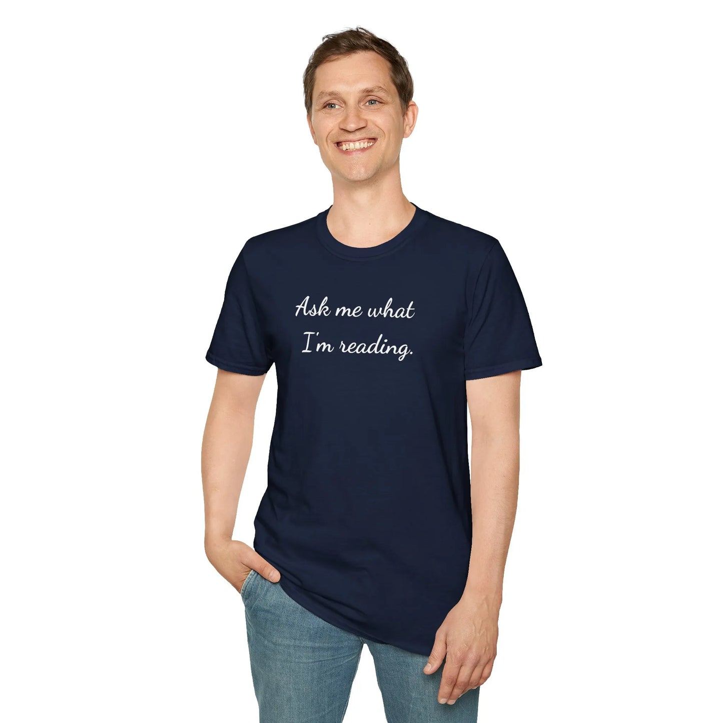 Ask Me T-Shirt in navy, relaxed fit unisex design, perfect gift for readers and book lovers 📖, made from organic cotton.