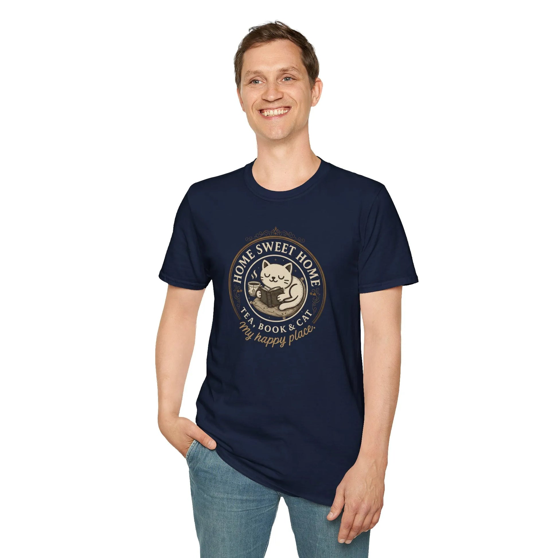 Happy Place Reader T-Shirt featuring cozy cat illustration, perfect for book lovers. Relaxed fit unisex tee ideal for readers! 📖