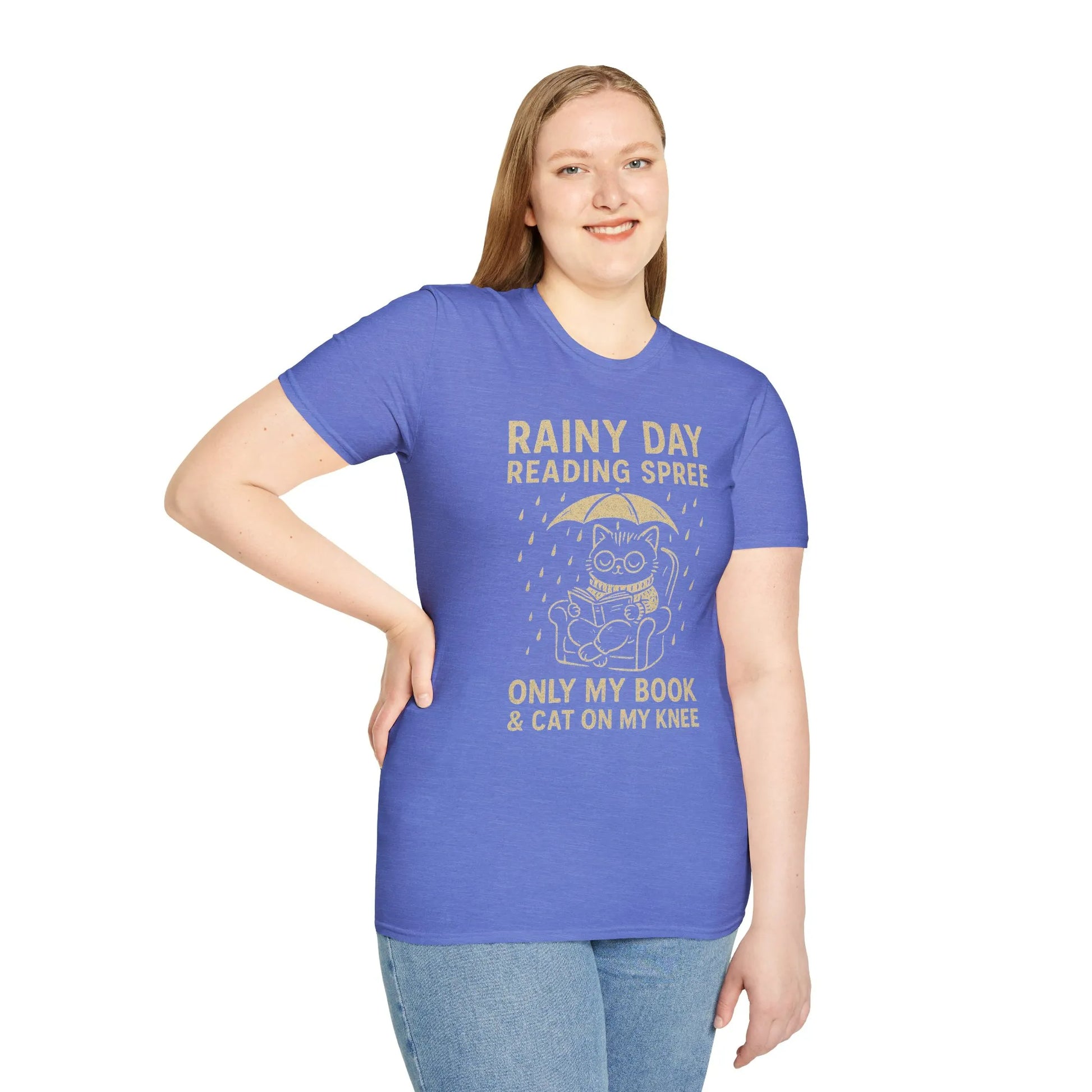 Rainy Day Reading Spree tee featuring a cute cat under an umbrella, perfect for book lovers who adore cozy vibes.