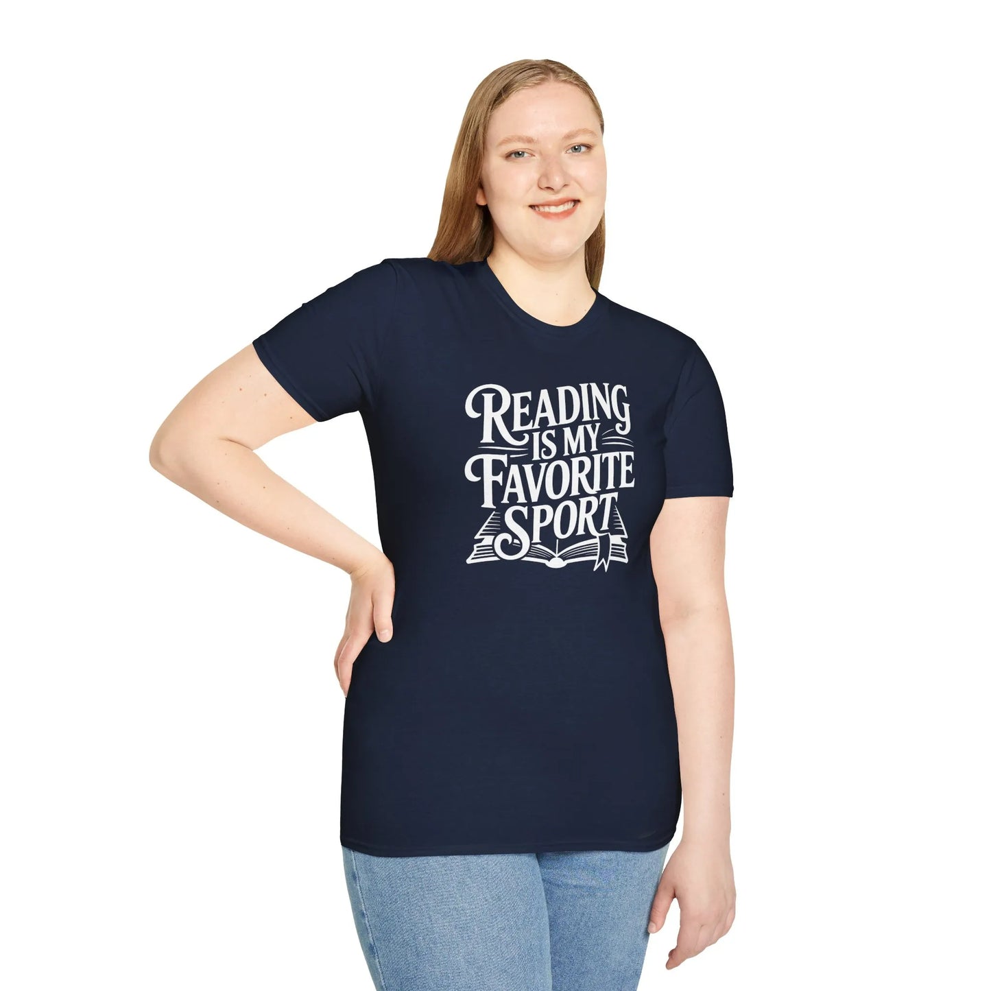 Bookish Athlete T-Shirt worn by a smiling woman in a cozy nook, surrounded by books, showing off her love for reading with casual style.