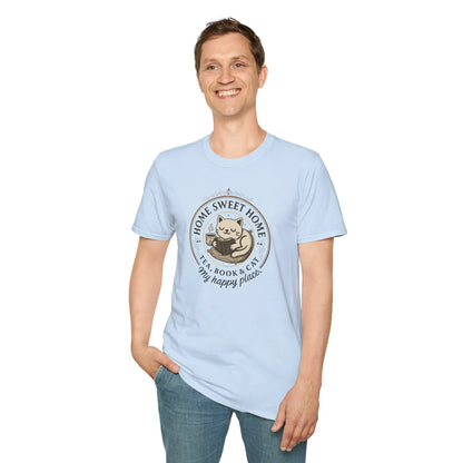 Home Sweet Home illustration featuring a cat and books on a cozy Happy Place Reader T-Shirt, perfect for book lovers.