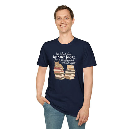 Emotional Support Books T-Shirt featuring a cat and stacked books, relaxed fit unisex tee for book lovers, cozy reading aesthetic.