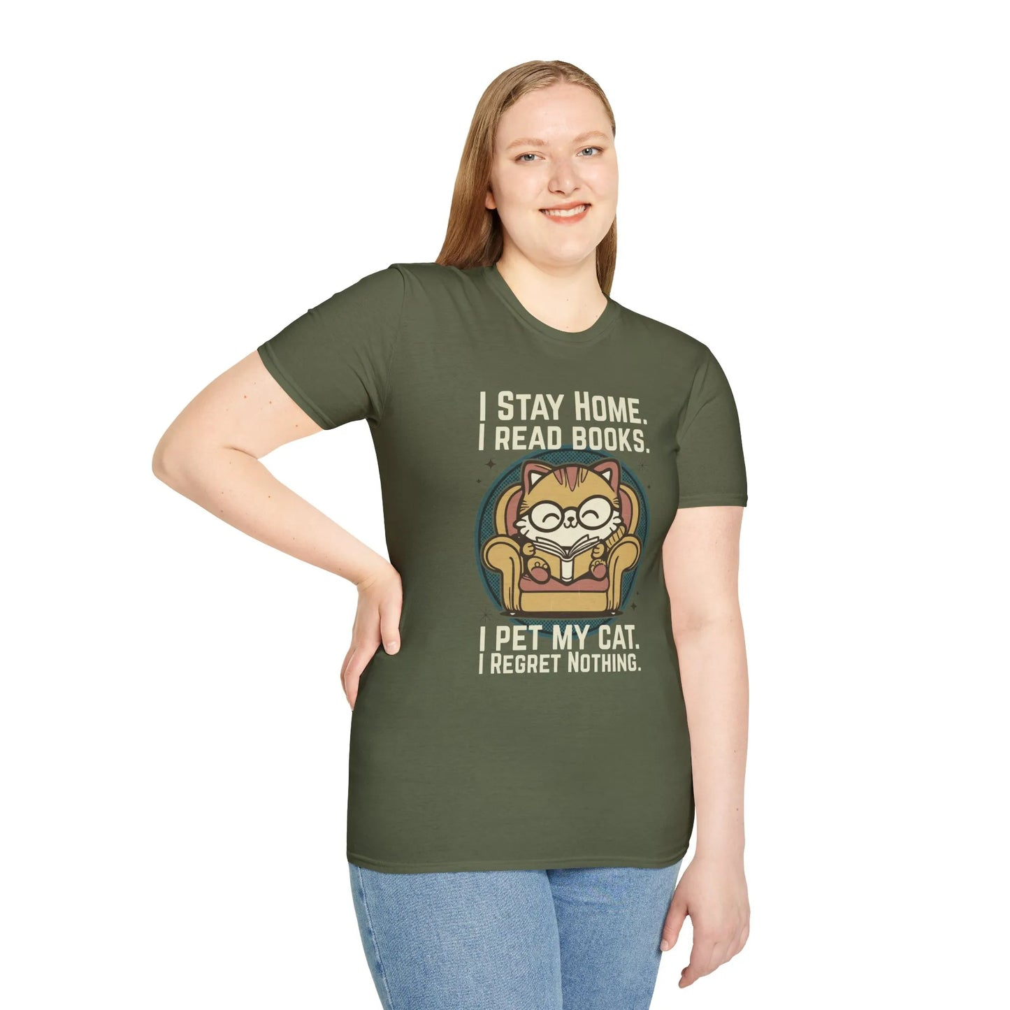 Retro Cat Reader T-Shirt featuring a cat in glasses on an armchair with the text: 'I stay home, I read books, I pet my cat, I regret nothing.'