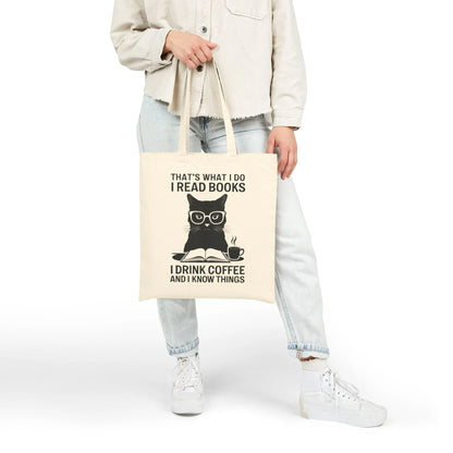 Coffee & Cat Wisdom Tote Bag featuring a witty black cat in glasses with the quote: "That's what I do I read books, I drink coffee and I know things."