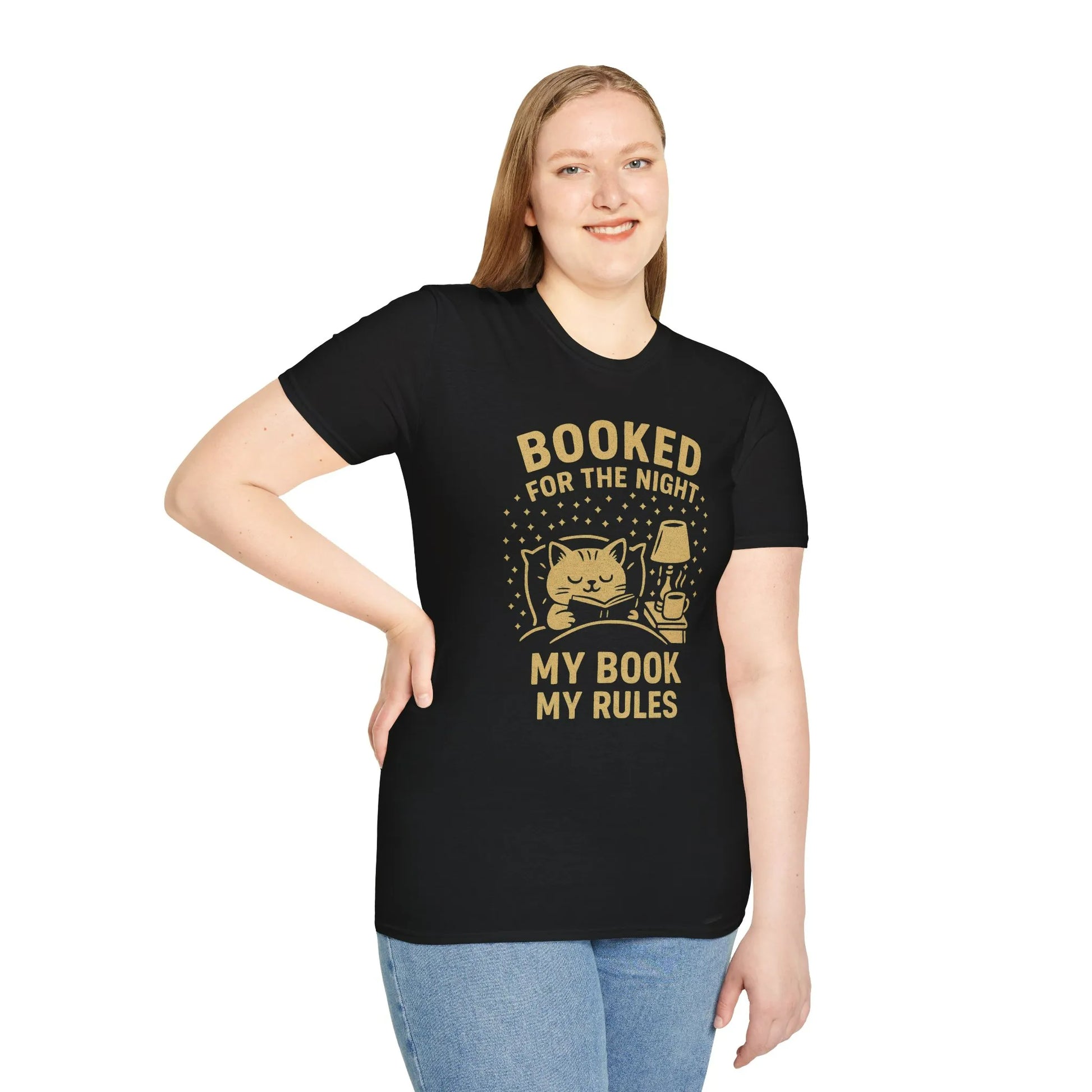 Cozy cat with a book and lantern on a black tee, saying 'Booked for the Night, My Book My Rules'—perfect for book lovers!