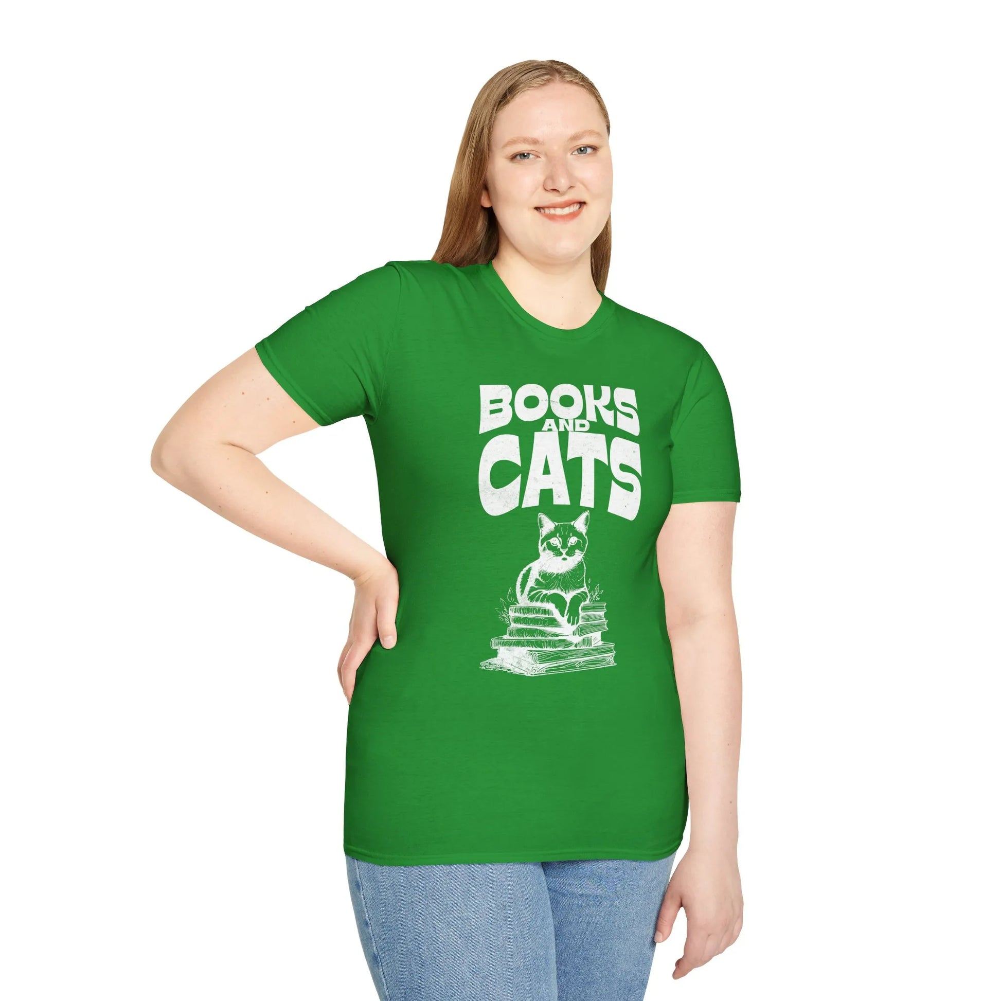 Books & Cats Club T-Shirt featuring a cat on books, perfect for cozy book lovers and a witty gift for readers.