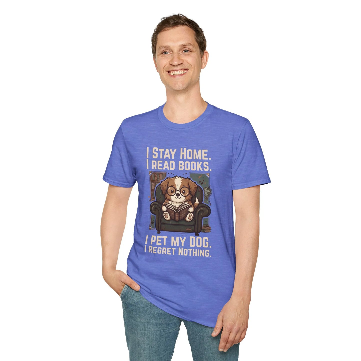 Library Dog Reader T-Shirt featuring a relaxed fit unisex design, perfect for book lovers and cozy reading outfits 📖.