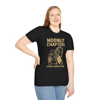 Moonlit Chapters T-Shirt featuring a reader by a window, text 'Stories Under Stars', perfect for book lovers and cozy nights.