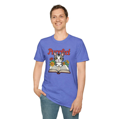 Purrfect Page T-Shirt featuring a kitten on an open book, organic cotton, relaxed fit, perfect gift for readers 📖.