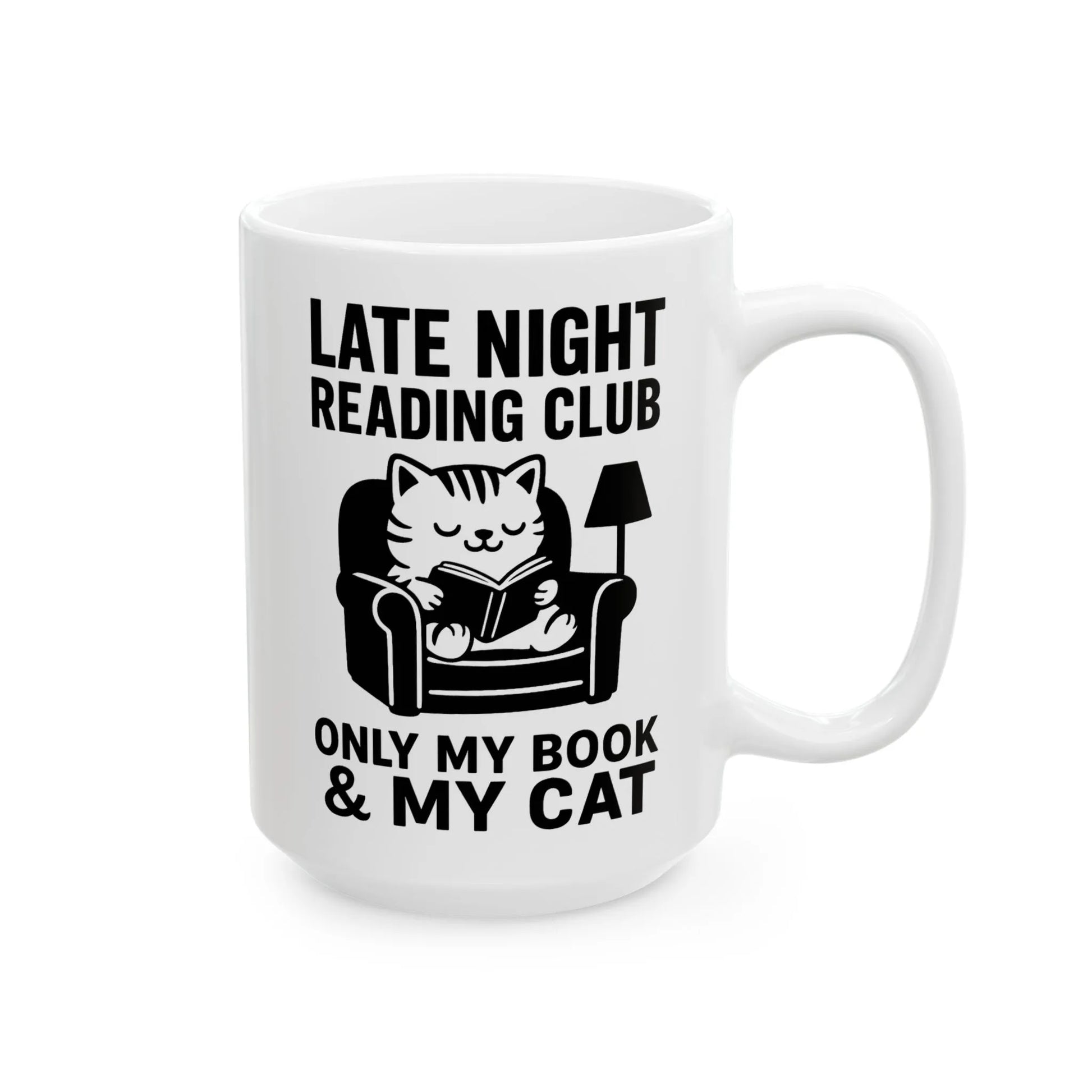 Late Night Reading Club Mug featuring a cozy cat reading on a chair, perfect for book lovers, coffee, and tea enthusiasts.