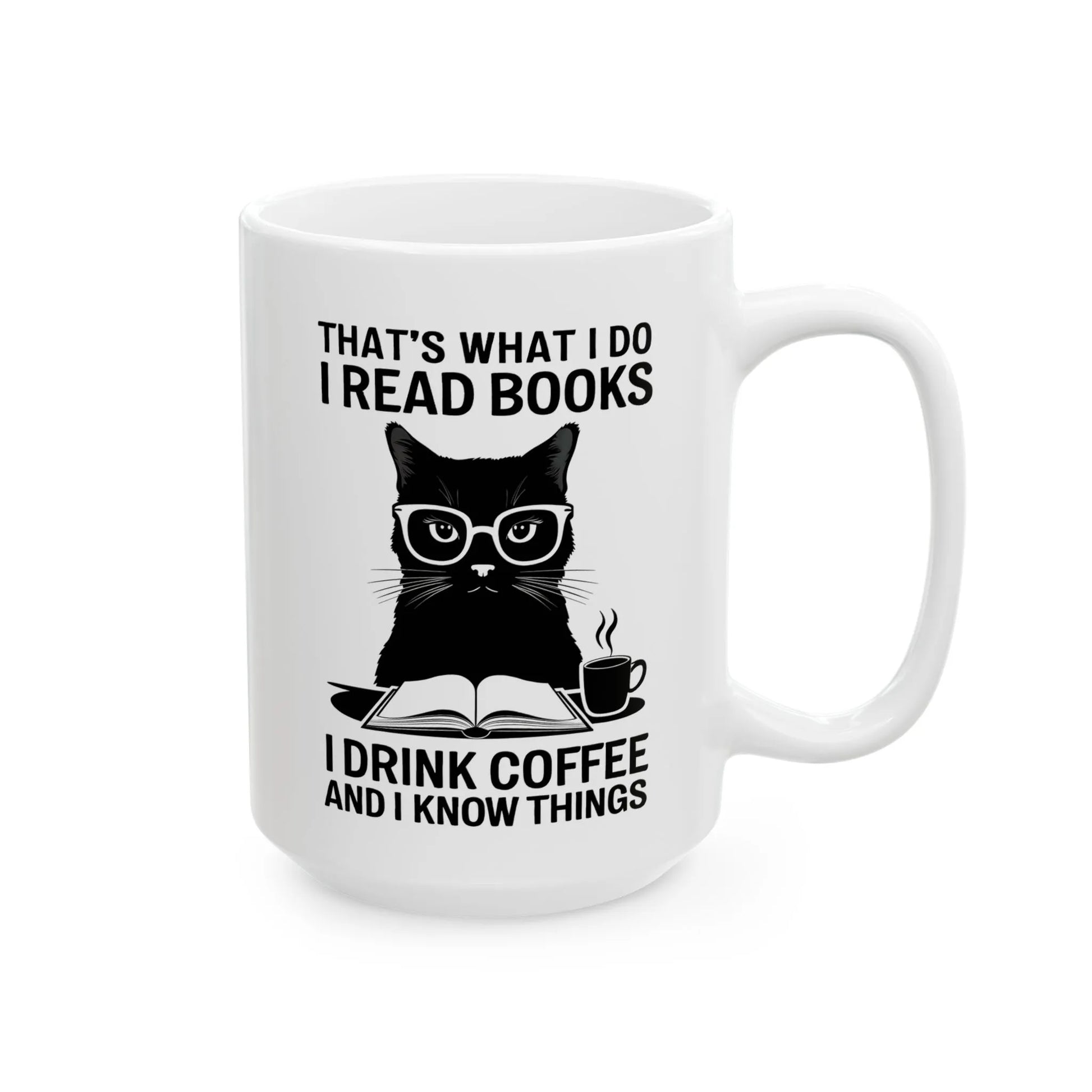 Coffee & Cat Wisdom Mug featuring a wise black cat with glasses, text on literacy and coffee vibes, perfect gift for book lovers.