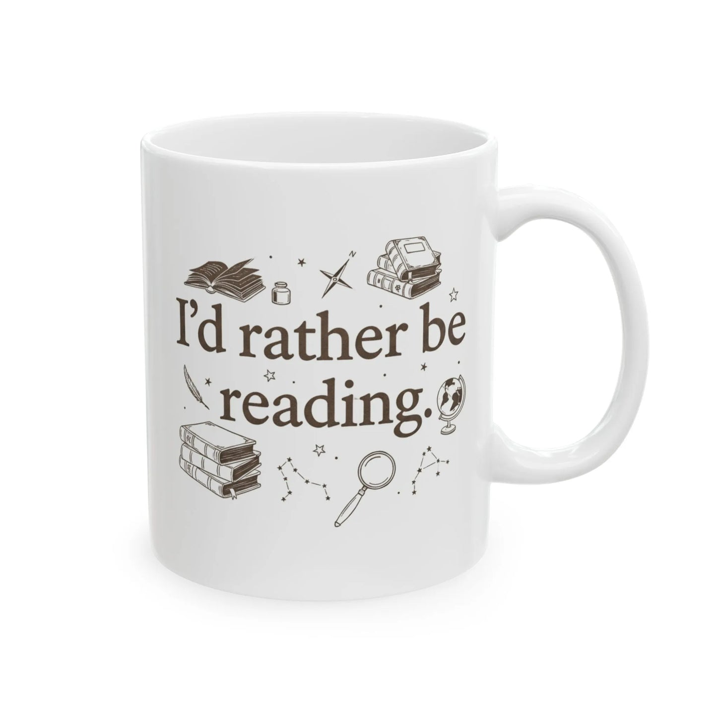 Rather Be Reading 2 Mug featuring whimsical illustrations of books and constellations, perfect for cozy moments and book lovers.