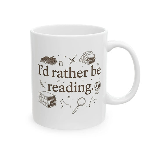 Rather Be Reading 2 Mug featuring whimsical illustrations of books and constellations, perfect for cozy moments and book lovers.