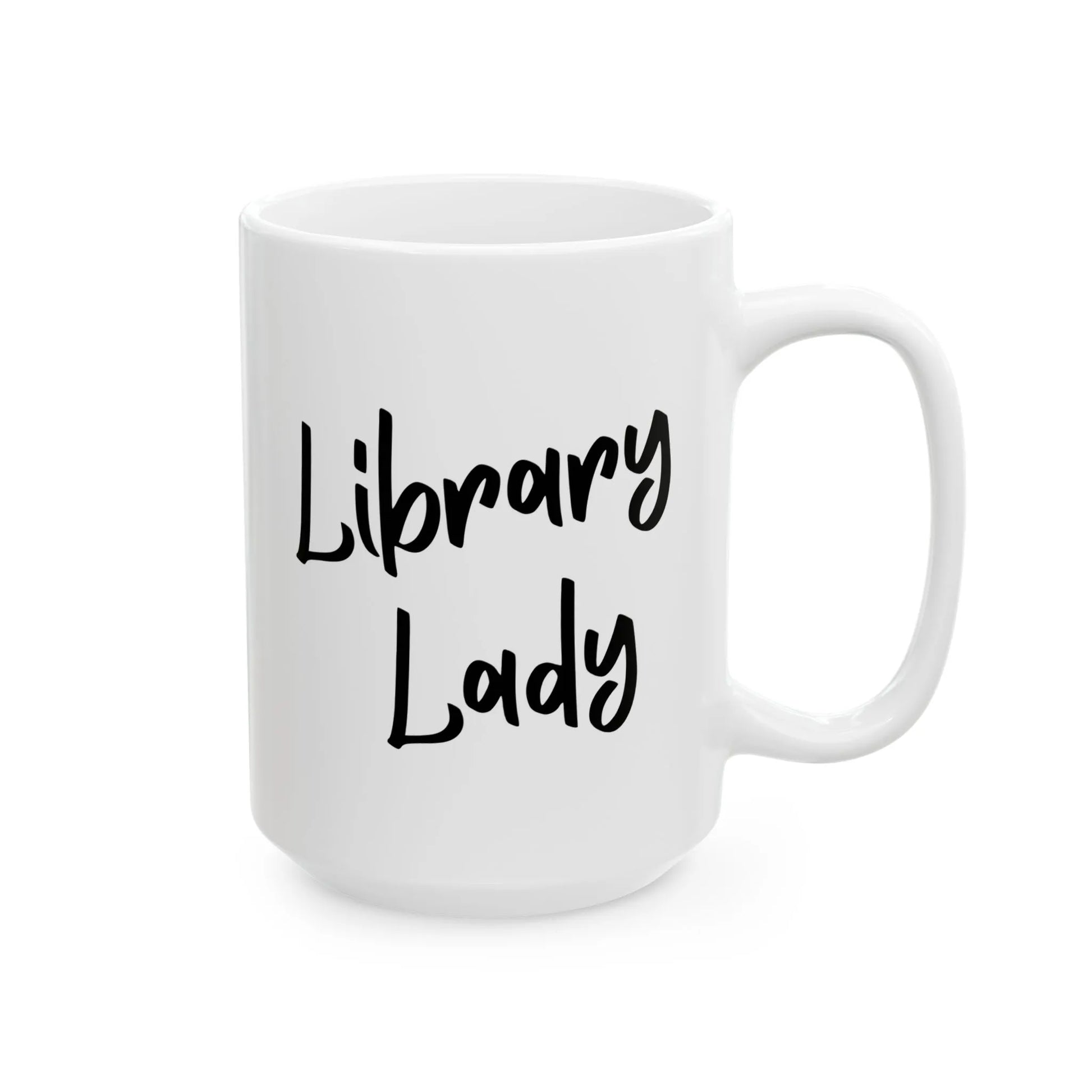 Library Lady Mug featuring bold, playful handwritten text, perfect for coffee-loving bookworms and ideal gifts for readers.