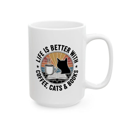 Sunset Reads & Whiskers Mug featuring a cozy design of a cat, coffee, and books, perfect for book lovers who adore feline friends.