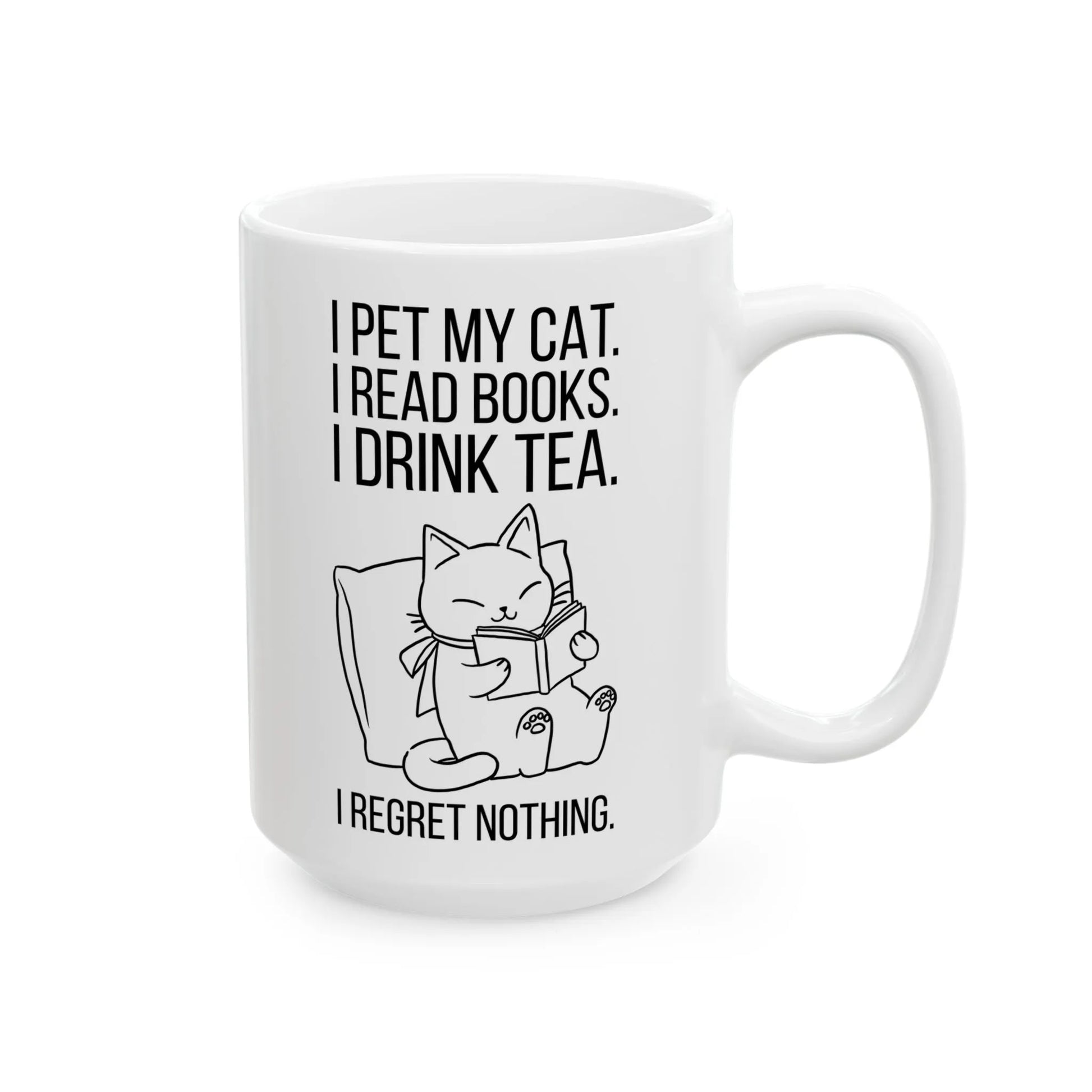 Purrfect Tea & Tales Mug showcasing a cozy kitty reading with tea, perfect for book lovers and cat enthusiasts alike.