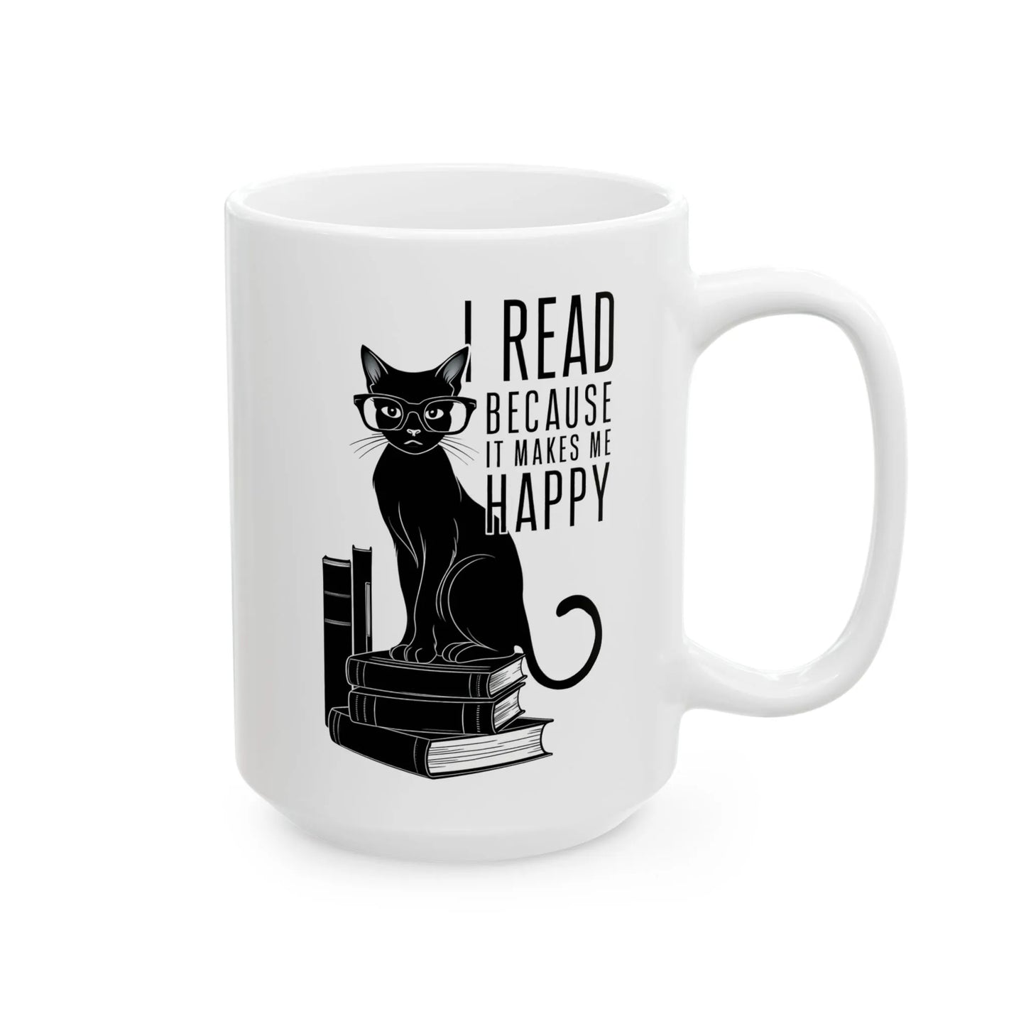 Happy Reading Kitty Mug featuring a stylish black cat on books with text: 'I READ BECAUSE IT MAKES ME HAPPY'. Perfect for book lovers!