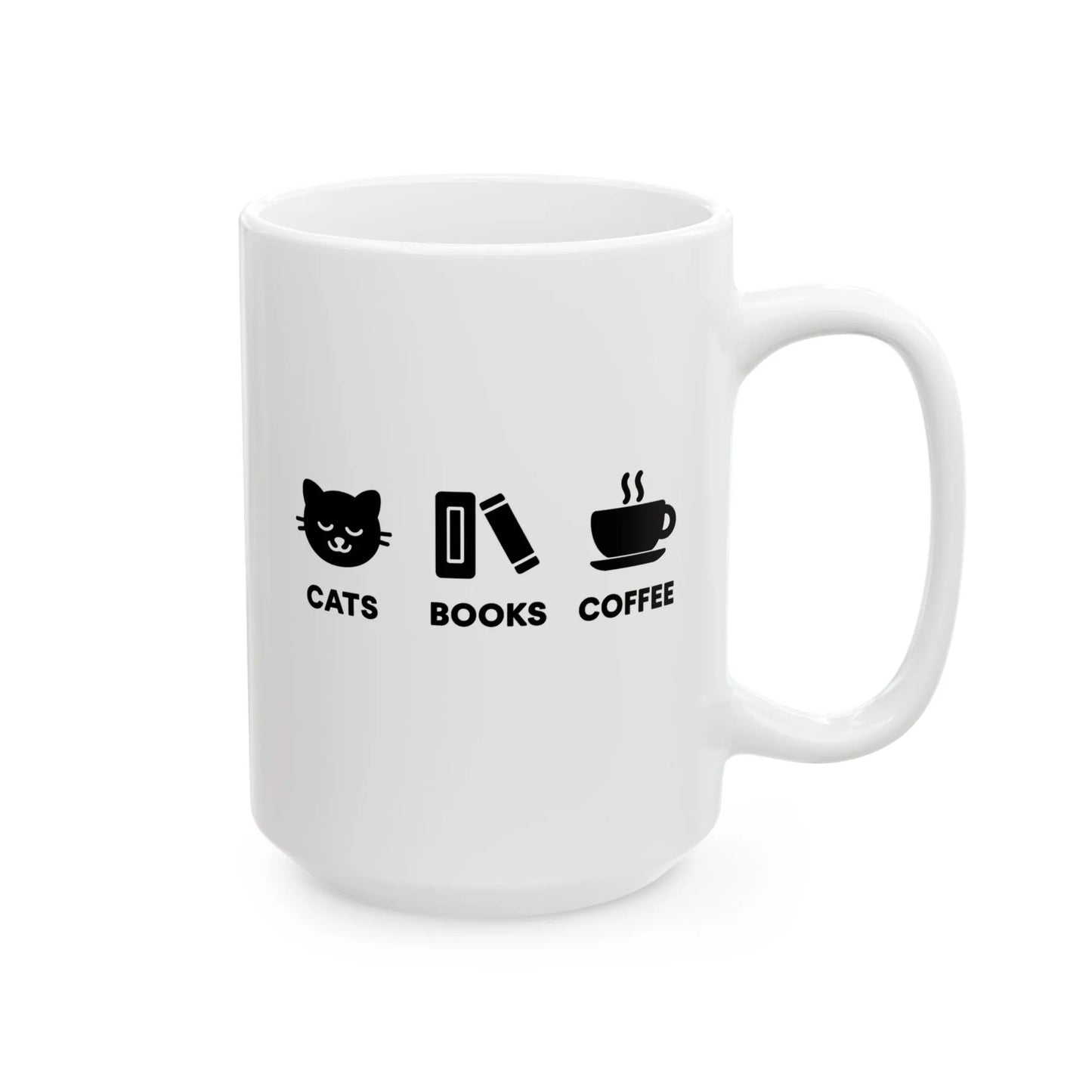 Holy Trinity Mug featuring bold icons of a cat, book, and coffee, perfect for book lovers seeking cozy moments.