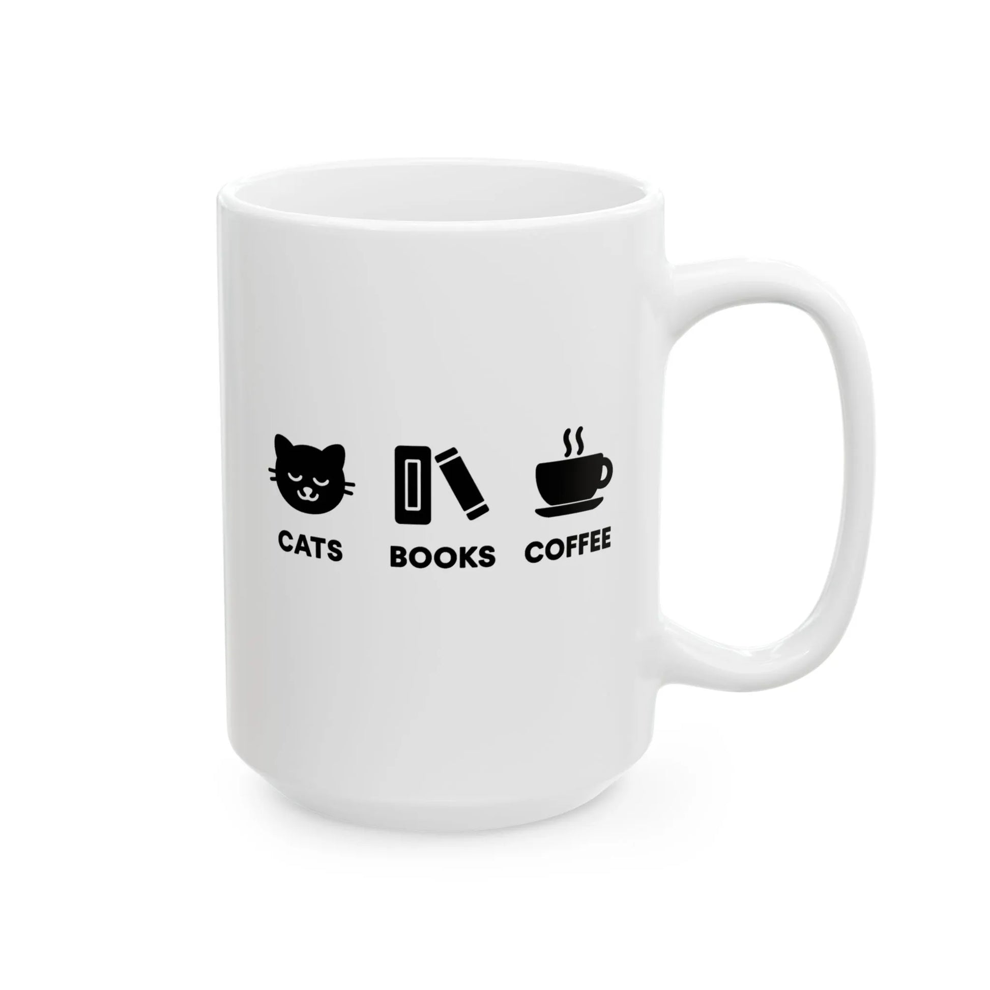 Holy Trinity Mug featuring bold icons of a cat, book, and coffee, perfect for book lovers seeking cozy moments.