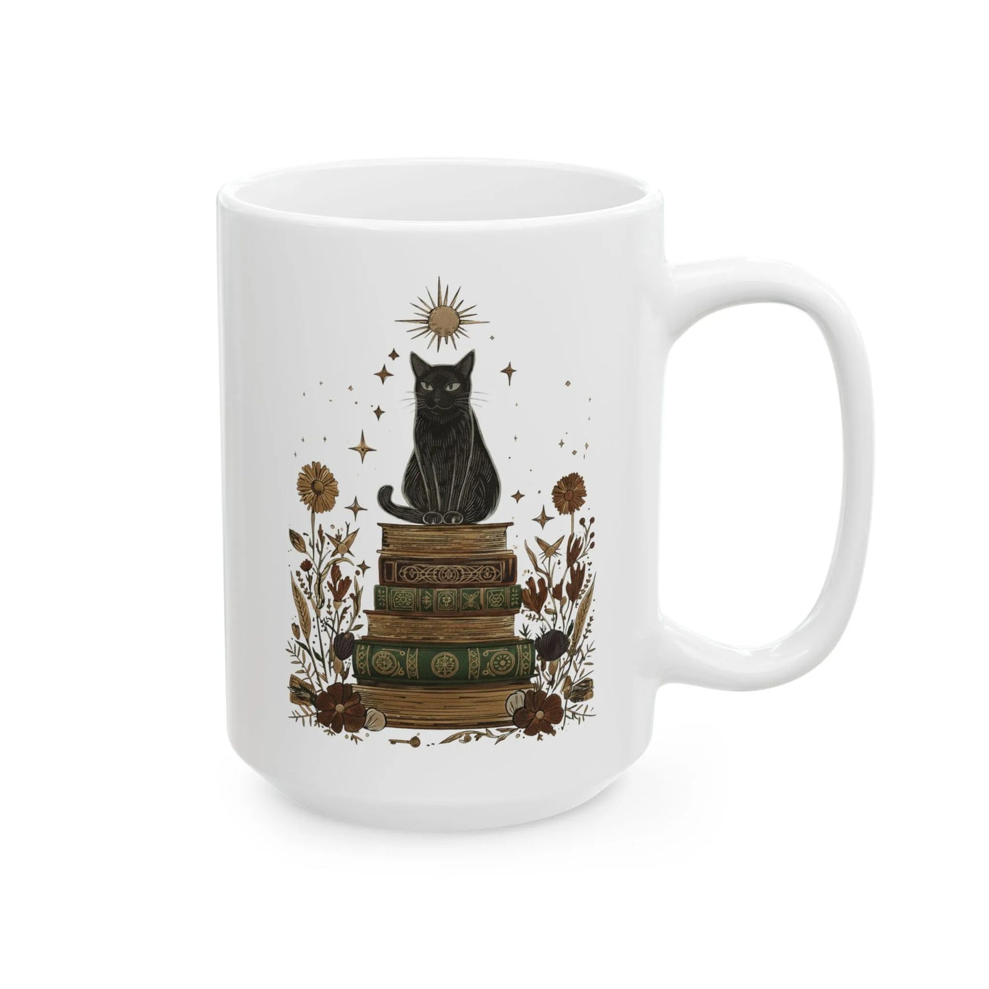 Mystic Cat & Books Mug featuring a black cat on vintage books with celestial details, perfect for cozy reading moments.
