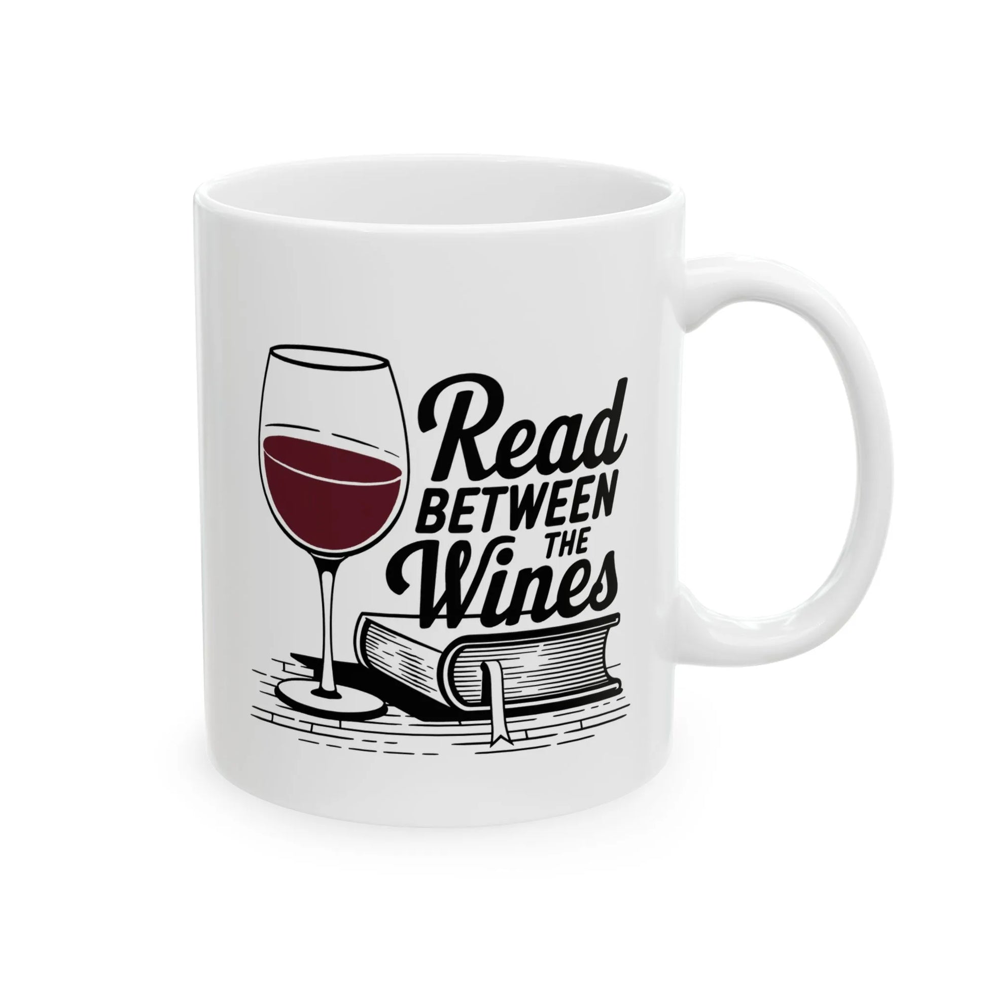 Read Between the Wines Mug featuring a wine glass and a book illustration, perfect for cozy reading nights.